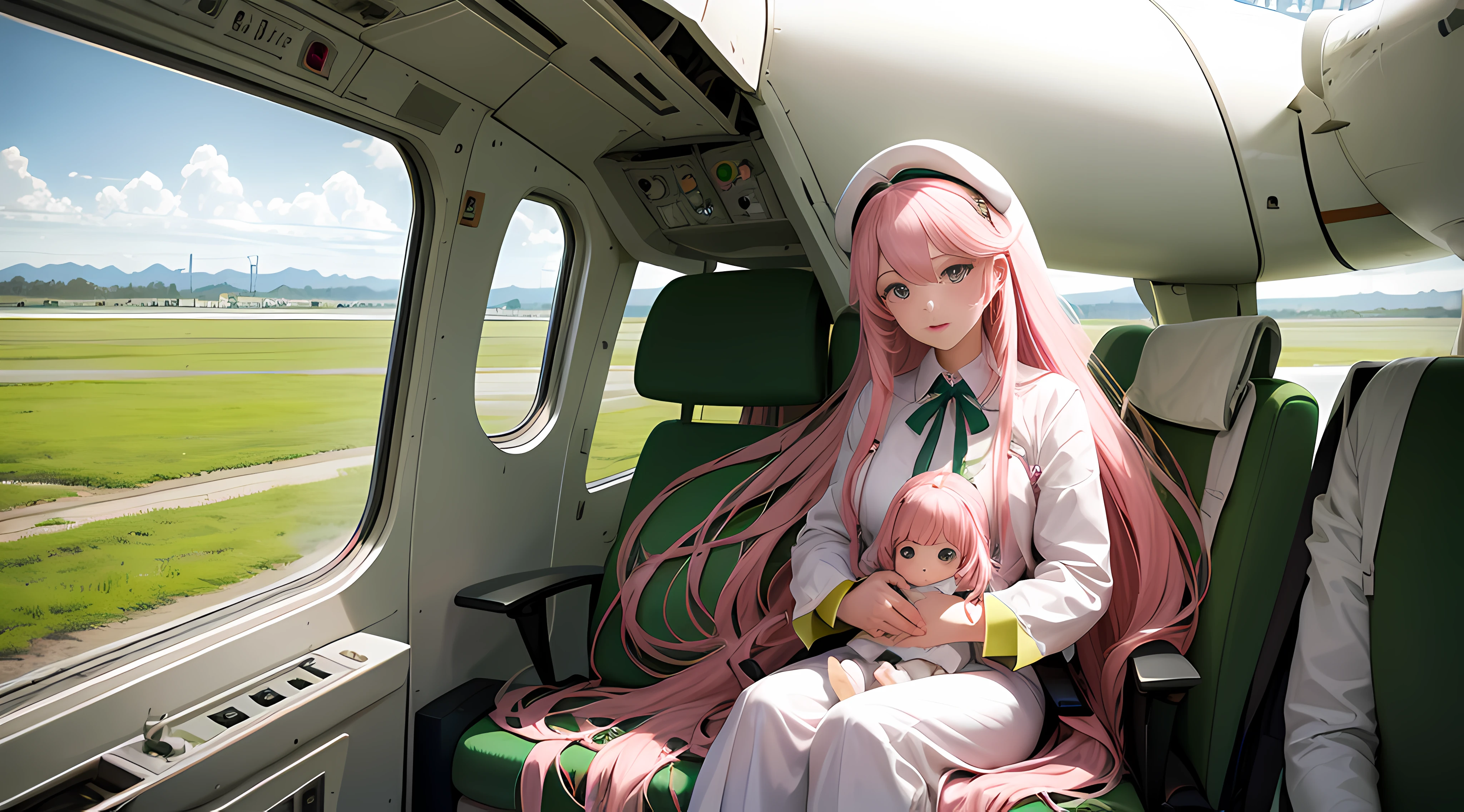 Pink long-haired mother holding pale green long-haired daughter，Look out the airplane window，White cockpit，