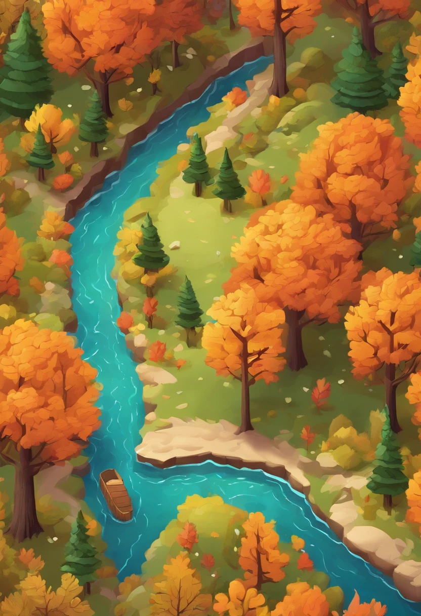 A creek through the autumn forest, fantasy, Illustrator style, Aerial view, HD, detail