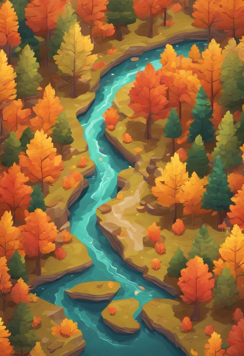 A creek through the autumn forest, fantasy, Illustrator style, Aerial view, HD, detail