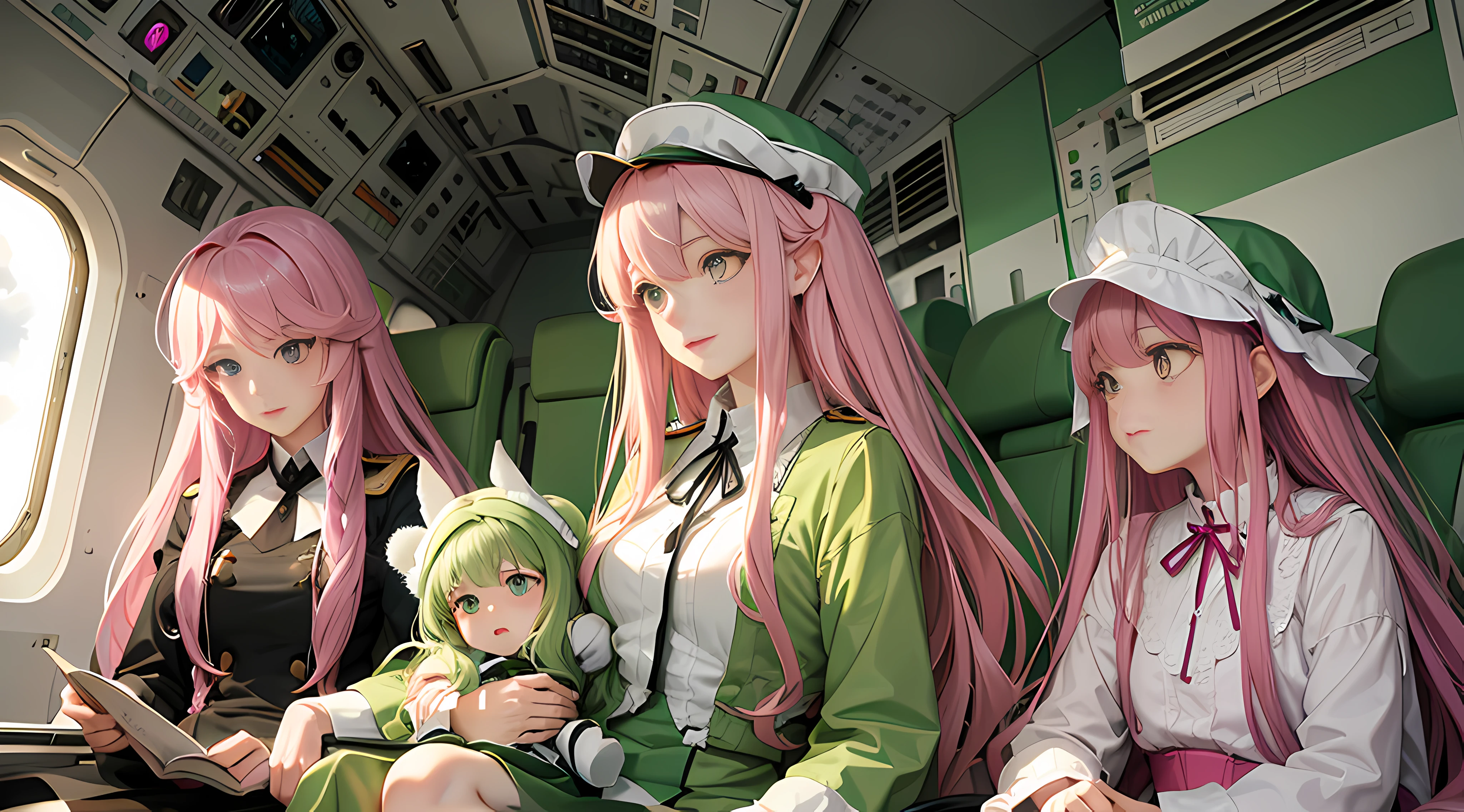 Pink long-haired mother holding pale green long-haired daughter,Look out the airplane window,White cockpit,