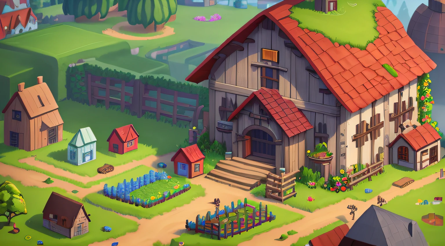 Game architecture design, cartoony, farms, steins, bricks, grassy, flod, florals, Verdure, the trees, critters, casual game style, super detailing