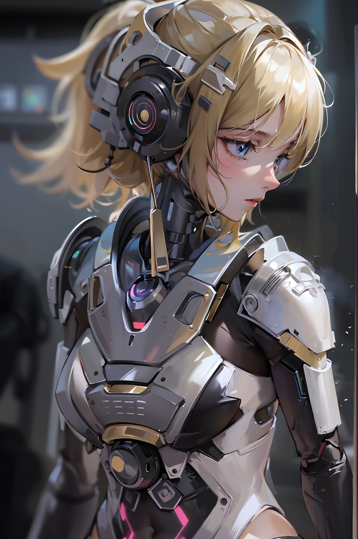 ((tmasterpiece)),(Best quality at best),(A half body),(ultra intricately detailed),(Highest definition),(8K),(Clean lines),(Perfect facial features,Perfect flesh),(offcial art),cyber punk perssonage,Cyborg girl,Puppets,Artificial dolls,Puppet weapons,Silky short blonde hair,(Empty eyes,Simulated skin),sense of science and technology,Lab Room,((Poor milk)),Slim waist,binh
