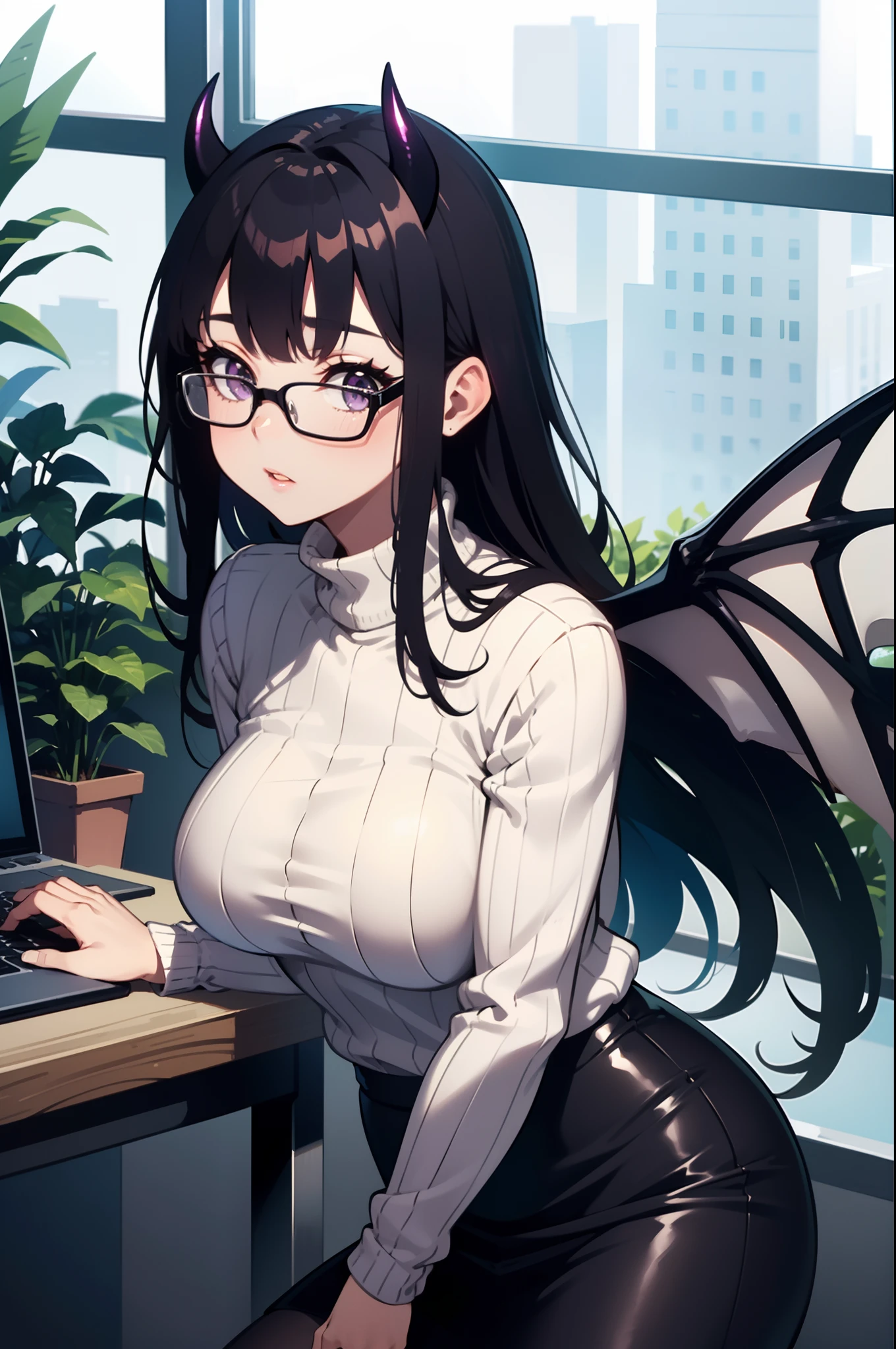 ((masterpiece, best quality, 4k)), 1girl, solo, long hair, black hair, purple eyes, glasses, glasses, sweater, turtleneck, blunt bangs, straight hair, bored, large breasts, wide hips, thick thighs, thick lips, indoors, cubicle, office, plants, computer desk, pencil skirt, succubus horns, devil wings