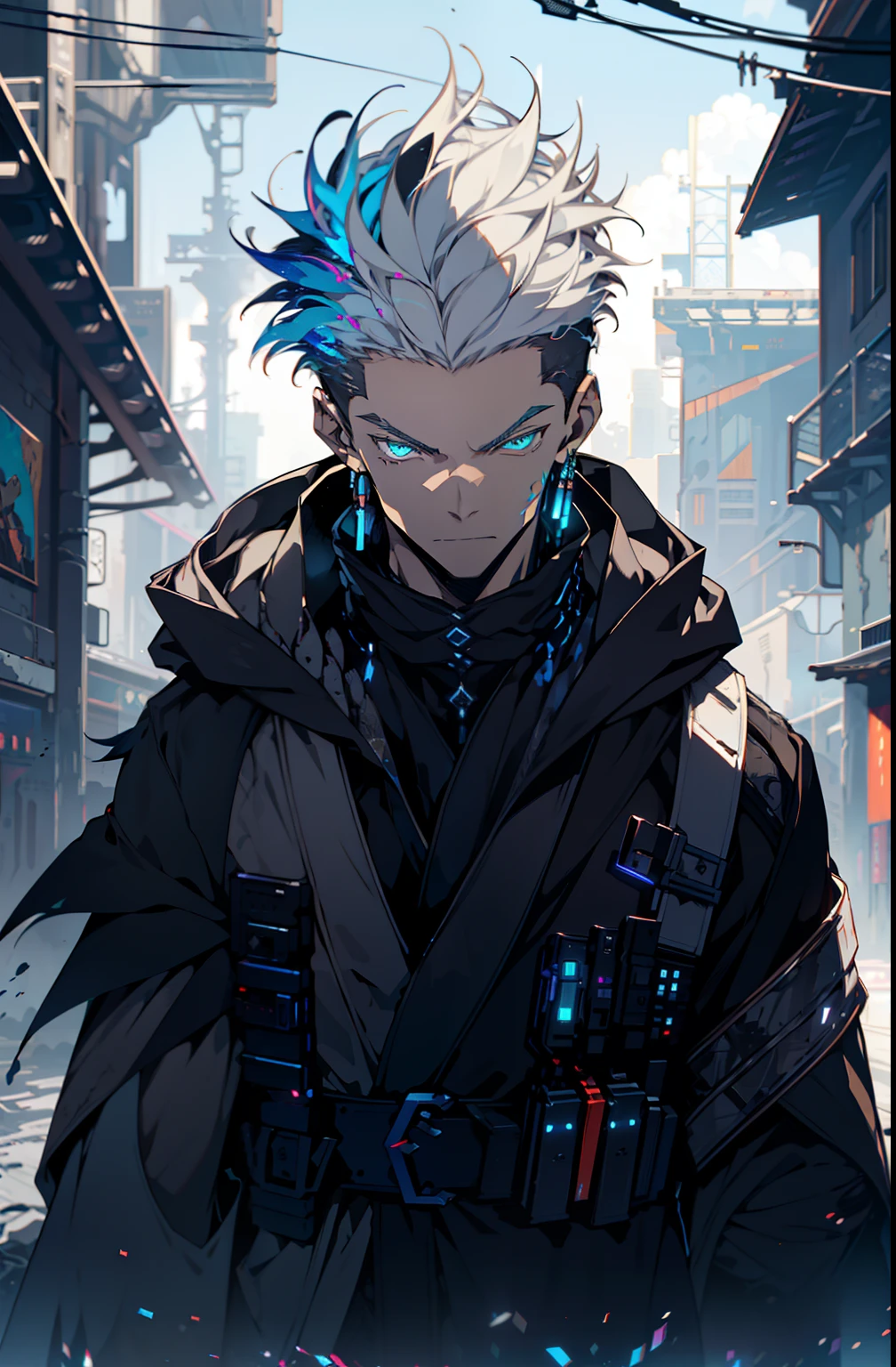 Cyberpunk male, fantasy world, dark background, clean design, epic instagram, artstation, colorful paint splatter, silhouette, hyper detailed intricate details, unreal engine, fantasy, intricate details, splash screen, complementary colors, Fantasy concept art, 8k resolution, deviantart masterpiece, oil painting, heavy strokes, paint dripping, (isolated on white background: 1.3), rainbow skin, (((handsome young man))), ((age:1.5) ), (glowing blue eyes), ((light eyes)), ((((short white hair: 1.1))), ((black clothes)), (prince\\(indifferent expression\\),, ( ((Wears high detail luxurious black robe))), white hair, (chest) --v 6