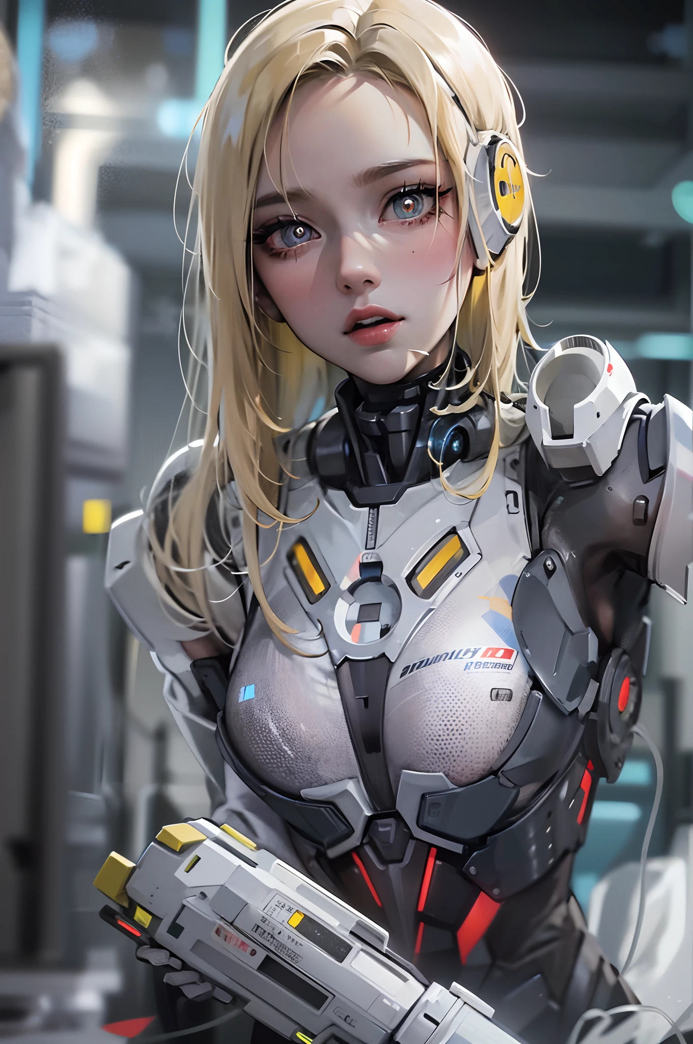 ((tmasterpiece))，(Best quality at best)，(A half body)，(ultra intricately detailed)，(Highest definition)，(8K)，(Clean lines)，(Perfect facial features，Perfect flesh)，(offcial art)，cyber punk perssonage，Cyborg girl，droid，Puppets，Artificial dolls，missiles，Silky short blonde hair，(Godless pupils)，(Simulate skin)，sense of science and technology，Lab Room，((Poor milk))，Slim waist，binh