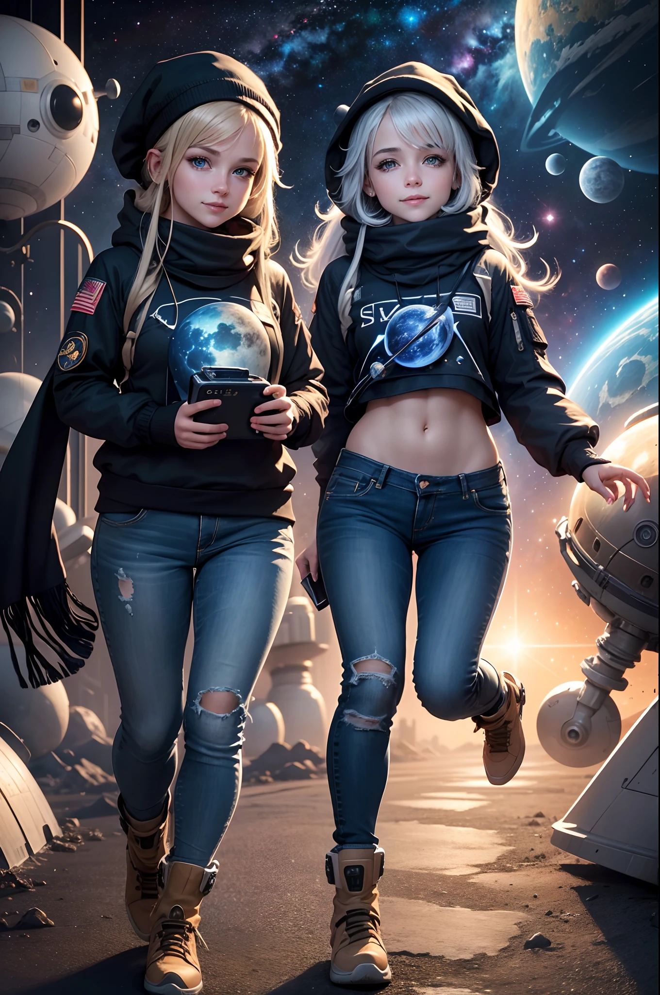 High resolution, distinct image, Concept art, nigh sky, Stars, Moon, girl, Smile, hair, Eyes, Mouth, Hands, Feet, Clothing, jeans, T-shirt, scarf, hat, spaces, Spaceship, space suits, space astronaut, planet, Galaxy, Beautiful, Cute, Cozy