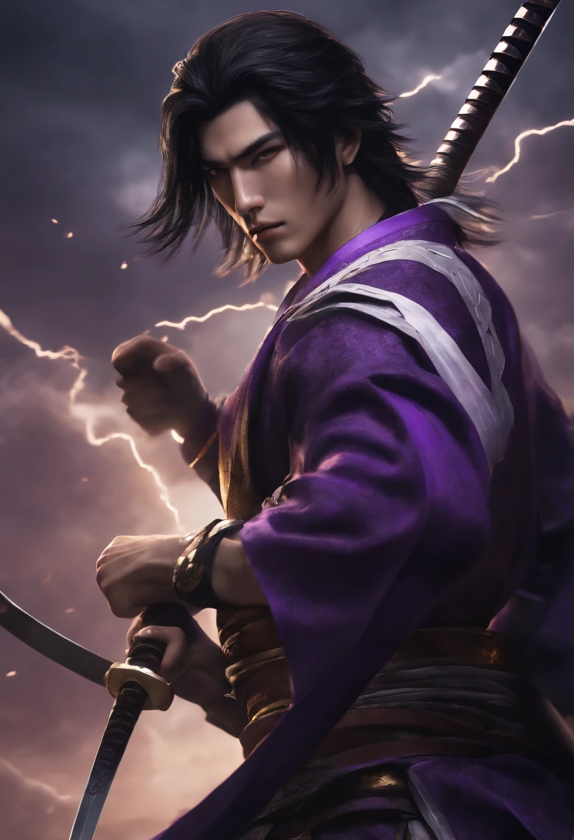 Teen guy, black hair, ripped, big shoulders, medium chest, slim waist, medium hair, black and purple katana, purple and white samurai clothes, handsome face, white eyes, yellow pupil, ripped forearms, purple and white Lightning around body