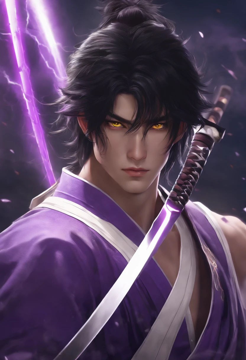 Teen guy, black hair, ripped, big shoulders, medium chest, slim waist, medium hair, black and purple katana, purple and white samurai clothes, handsome face, white eyes, yellow pupil, ripped forearms, purple and white Lightning around body