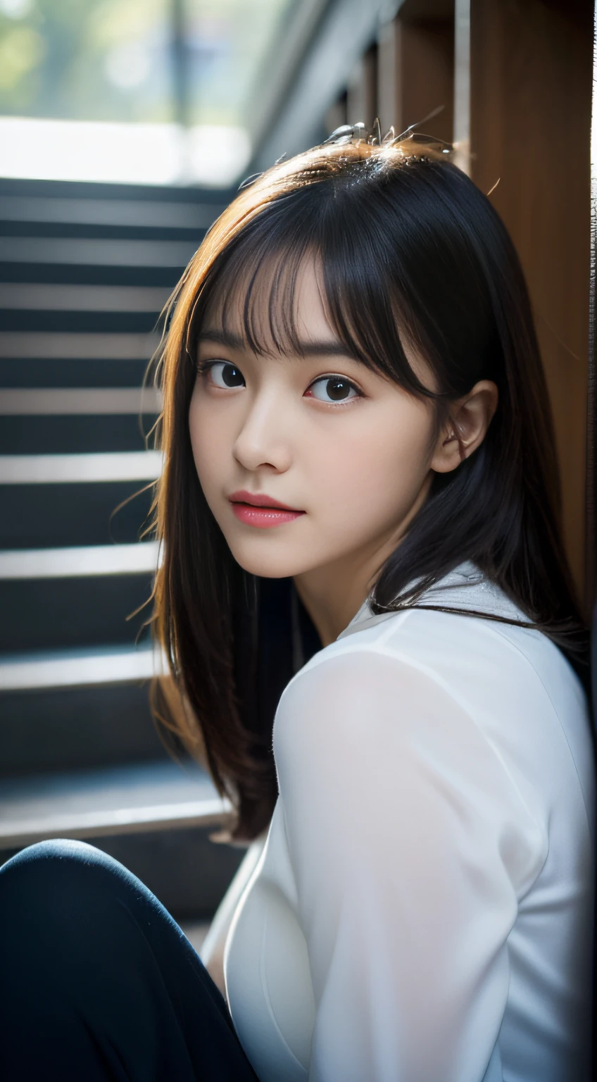 (((32k,high detal,high-detail、masterpiece,Attention to detail,full body Esbian,独奏))),Raw photo & realistic atmosphere,beautiful dark blue eyes,Detailed mouth,Glossy lips,Detailed eyebrows,Eyes drawn in detail with soft white skin that shines with every detail、azure eyes,Very beautiful eyes,Detailed lips、Very beautiful face,Very well-formed face、Lifelike face,shiny beautiful lips, Realistic Young Gravure Idol, very beautiful school girl, ,Moderately beautiful, Young Sensual Gravure Idol, Young Gravure Idol, Beautiful, Cute and sexy15 year old schoolgirl,the whole body is wet,dripped out,with a flushed face,Incredibly beautiful15-year-old girl,short-cut,Brown shiny hair,Hair is wet,Dripping water,dripping,Crouching on the stairs with your legs open,(Black pantyhose,Beautiful fece,Looking at the camera:1.4),(Cross your legs in black pantyhose,The chest of the uniform is open,darkness,Very dark,Pitch-black staircase without street lights,Illuminate the subject with a flashlight,spot light:1.7),(A sexy,Slightly chubby,High Detail Hi-Vision Hi-Vision Japan Hi-Vision Girl Uniform,well-shaped breasts,,Mature body, I'm anxious and about to cry,Moist eyes,cold smile,glareing,The glaring face is also beautiful:1.5),(Open your legs randomly,Crawl back:1.7)