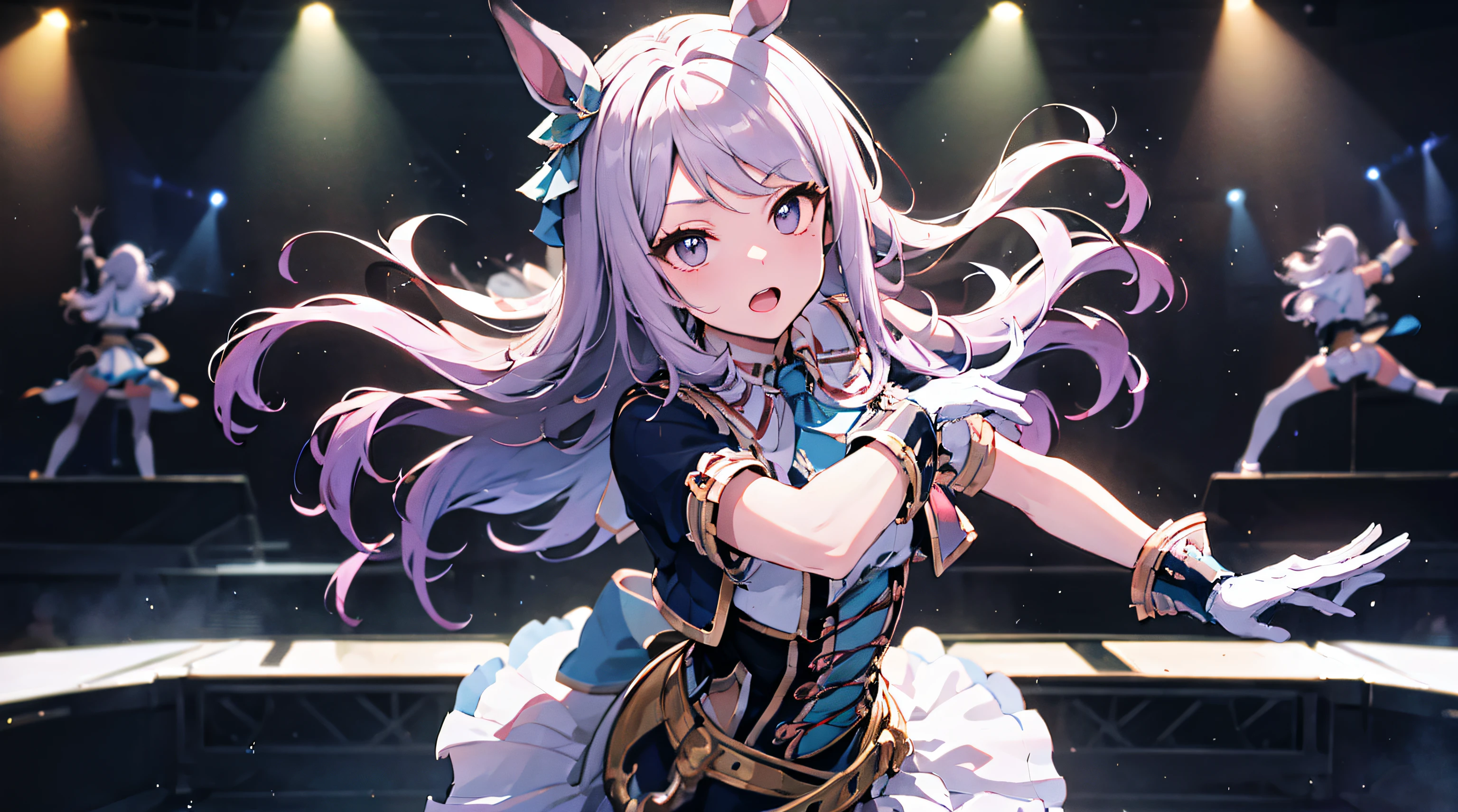 ultra detailed game CG, (High resolution:1.1), (absurderes:1.1), Best Quality, Ultra high definition, The highest resolution, Very detailed, Highly detailed face, Mejiro McQueen, Medium Long Shot, Dancing while singing, Live Stage, Idol stage, 7 colors of lighting, Crowd of back-up dancers, Sea of Plantain