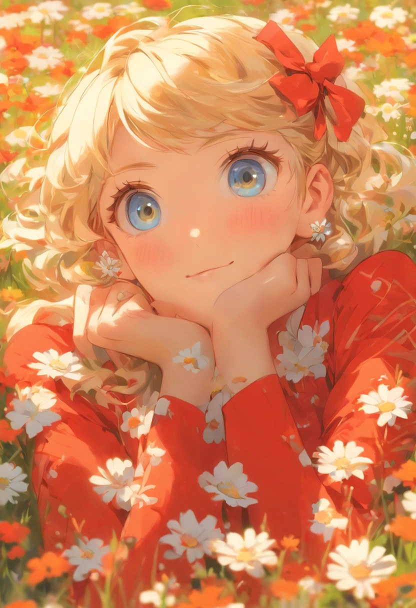 One girl lies, in flower field, Red dress, white blossoms, earrings, view the viewer, Blue eyes, Red Ribbon, Necklace, Long sleeves, Blonde hair, Short hair, Daisies