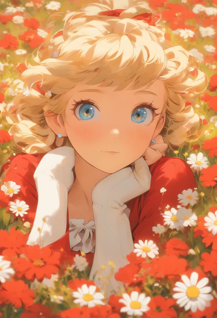 One girl lies,  in flower field, Red dress, white blossoms,  earrings, view the viewer, Blue eyes, Red Ribbon, Necklace, Long sleeves, Blonde hair, Short hair, Daisies