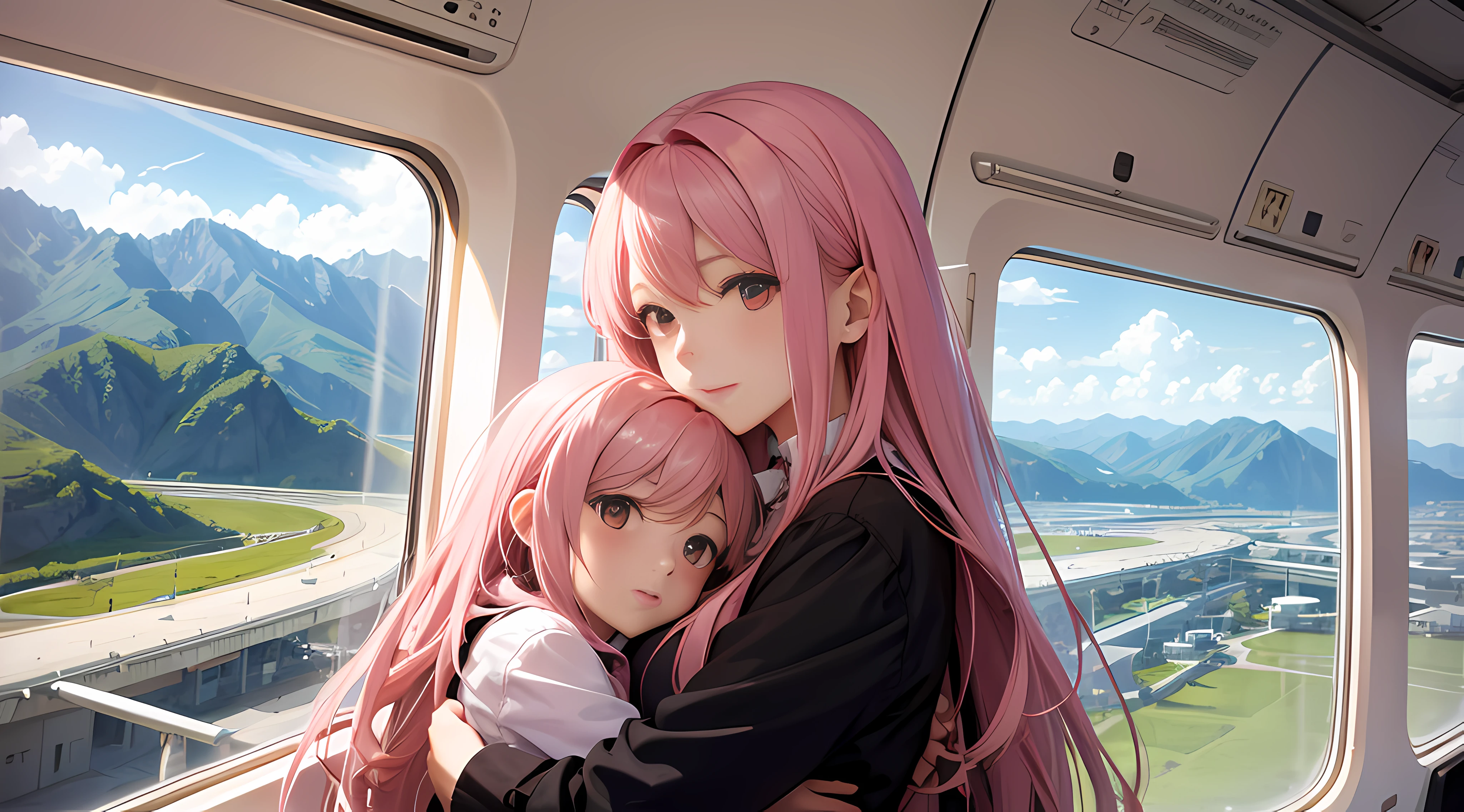 Pink long-haired mother holding her hair-haired daughter,Look out the airplane window,