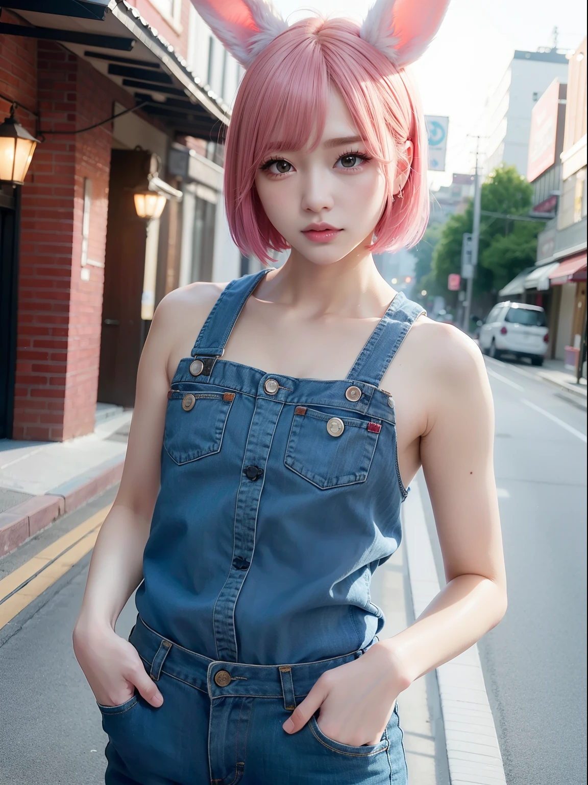 highest quality, masterpiece, Ultra-high resolution, (Realistic:1.4), (Close-up portrait) RAW Photos,21 years old gal((I'm showing my teeth and smiling)),((Big smile)),((look up)),((Passionate vivid-pink haired girl )),((wearing oversized loose sleeveless denim overalls:1.2,))((very very short bob hair:1.3,black one point color hair:1.2)),Realistic,((breasts:1.3))((black bra:1)).very slender.(thin waist:1).small ass.(crossed legs)
((loose chest:1.5))
(vivid blight emerald-green eyes:1.2)earrings.temptation.
angle from side.