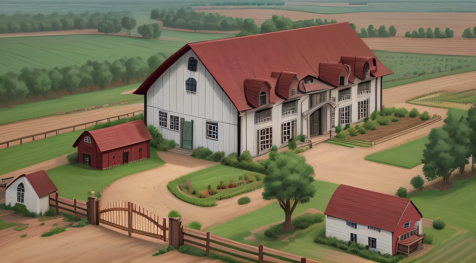 Best quality, masterpiece, cartoon, large farm building, farm fence and crops, brick walls, trees, beautiful dwelling, old design, best quality, 32k --v 6