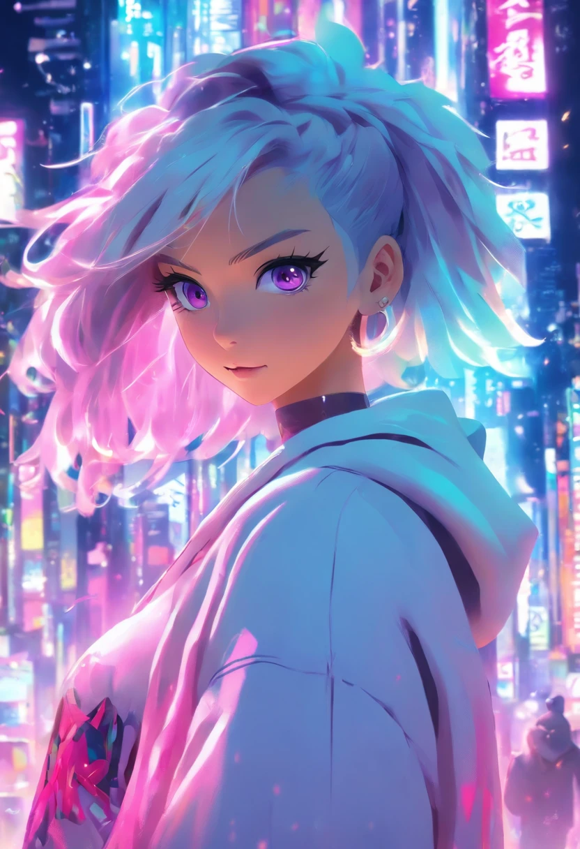 Anime girl, with short white hair, Purple eyes, Hoodie, personal computers, streamer, vtuber, Street style