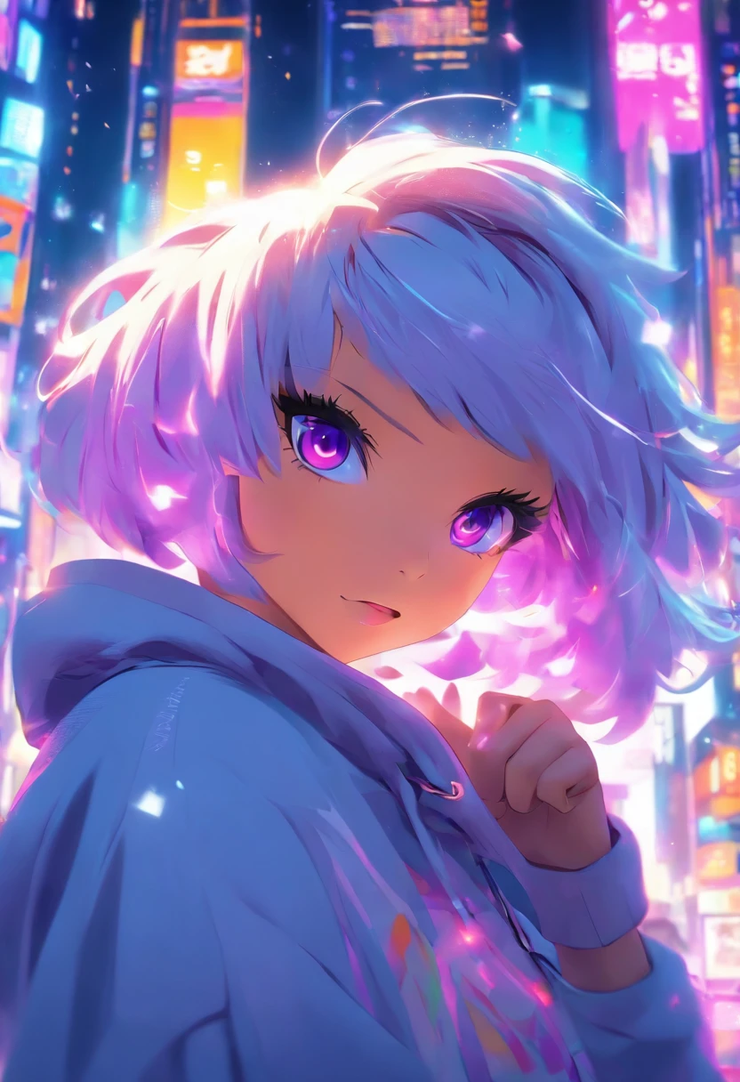 Anime girl, with short white hair, Purple eyes, Hoodie, personal computers, streamer, vtuber, Street style