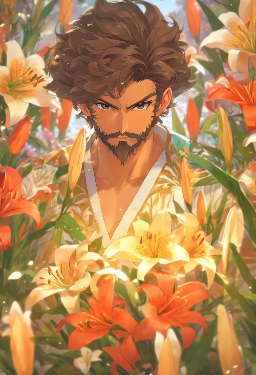 Male, 38 years old, Jewish, straight, Short hair, Brown hair, Curly hair, Full beard, purity, Carpenter profession, Carpenter clothing, Focus, Face and hands, Landscape of various flowers, lilies, Holding a bouquet of lilies in his hand, 8K, brute, sankta. Joseph