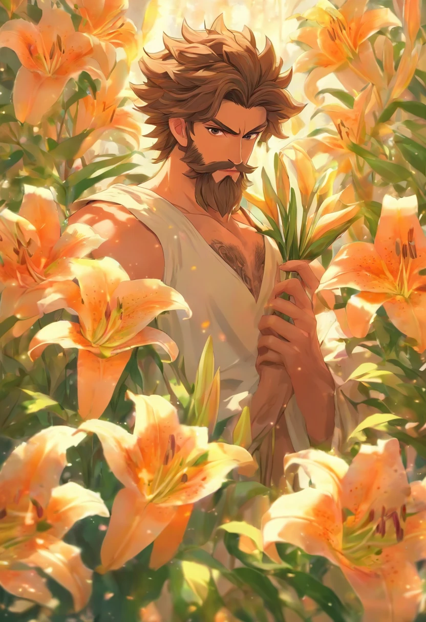Male, 38 years old, Jewish, straight, Short hair, Brown hair, Curly hair, Full beard, purity, Carpenter profession, Carpenter clothing, Focus, Face and hands, Landscape of various flowers, lilies, Holding a bouquet of lilies in his hand, 8K, brute, sankta. Joseph