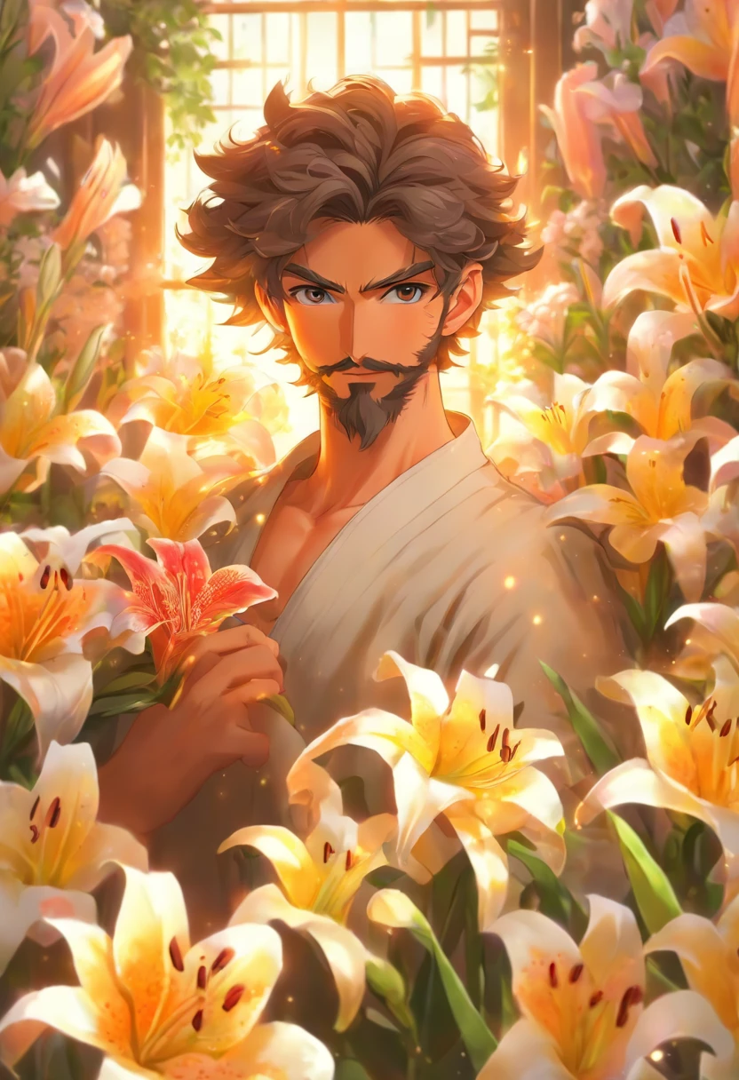 Male, 38 years old, Jewish, straight, Short hair, Brown hair, Curly hair, Full beard, purity, Carpenter profession, Carpenter clothing, Focus, Face and hands, Landscape of various flowers, lilies, Holding a bouquet of lilies in his hand, 8K, brute, sankta. Joseph