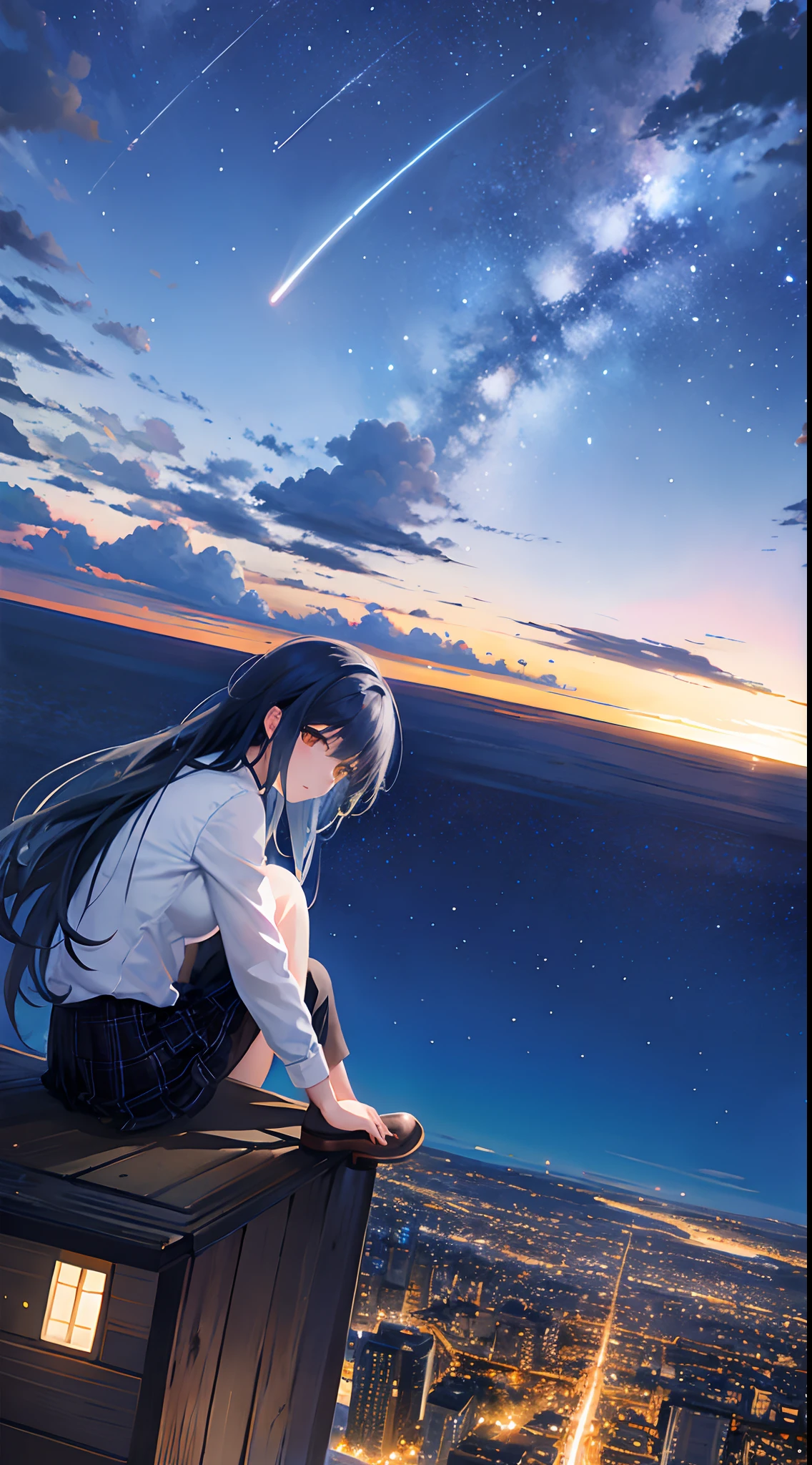 octans, sky, star (sky), scenery, starry sky, night, 1girl, night sky, solo, outdoors, building, cloud, milky way, sitting, tree, long hair, city, silhouette, cityscape