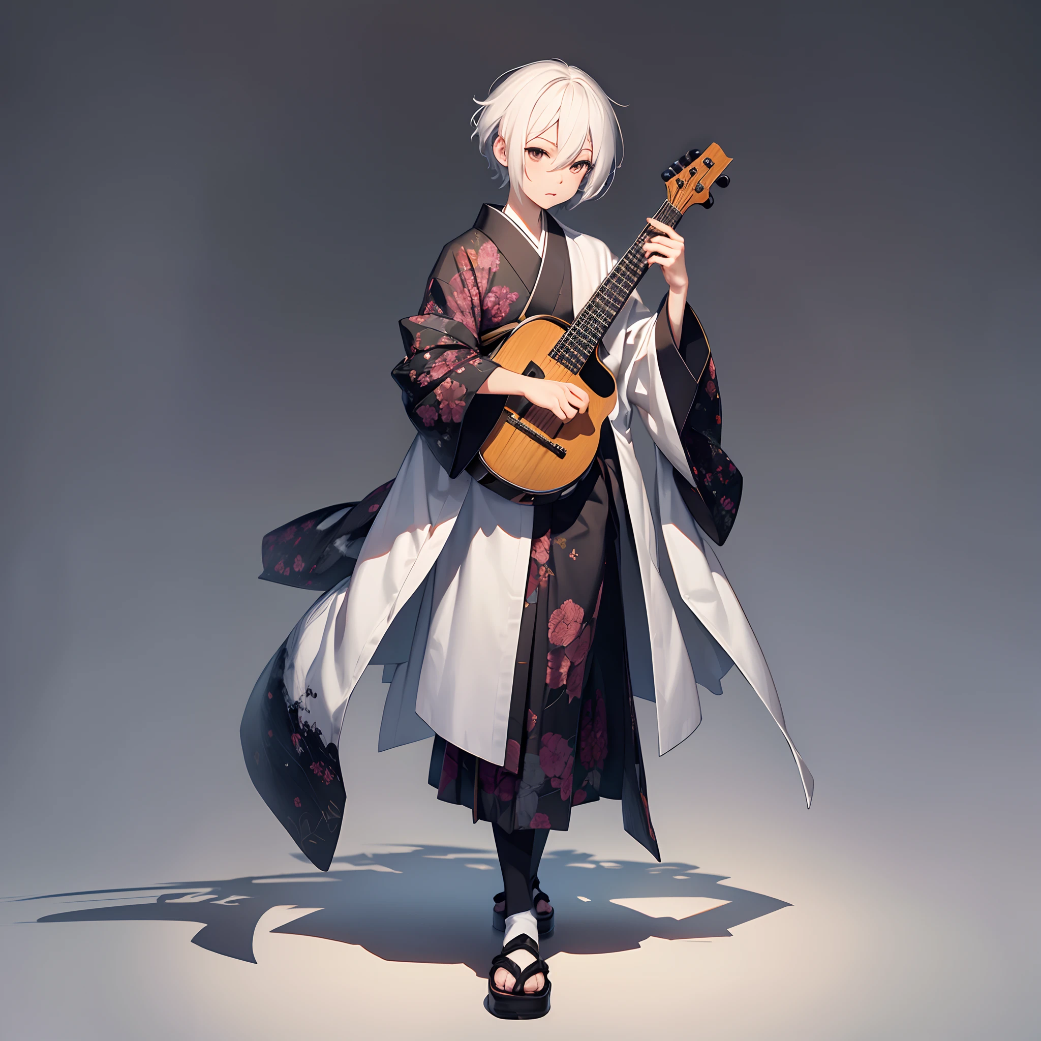 （（（Shamisen player）））、Full body depiction、（No background）、Standing alone、（（Young man wearing patterned kimono））、male people、（Veteran Hero）、The ultra -The high-definition、（Bewitching appearance）、Short-cut hair、white  hair