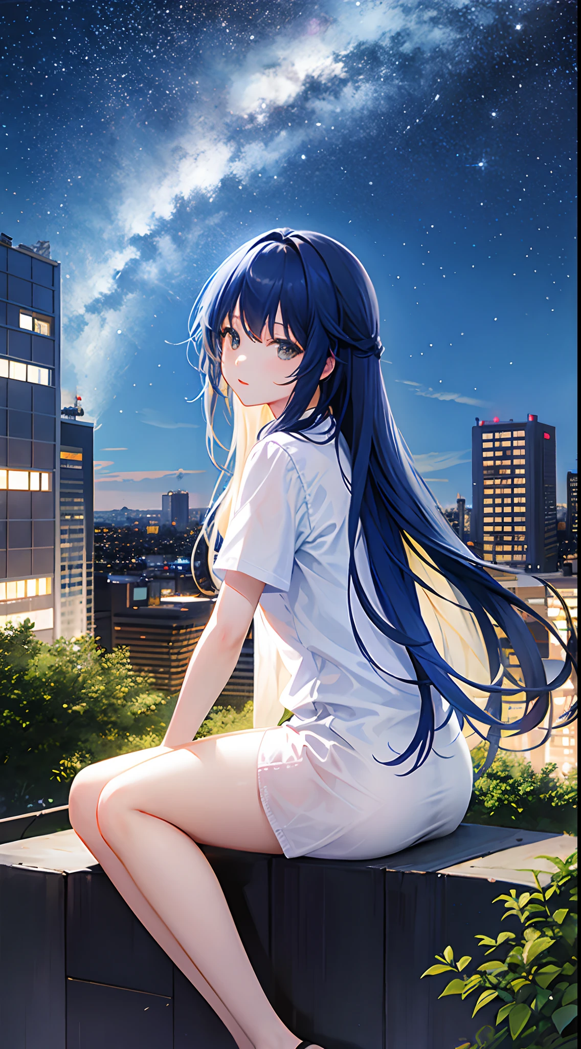 octans, sky, star (sky), scenery, starry sky, night, 1girl, night sky, solo, outdoors, building, cloud, milky way, sitting, tree, long hair, city, silhouette, cityscape