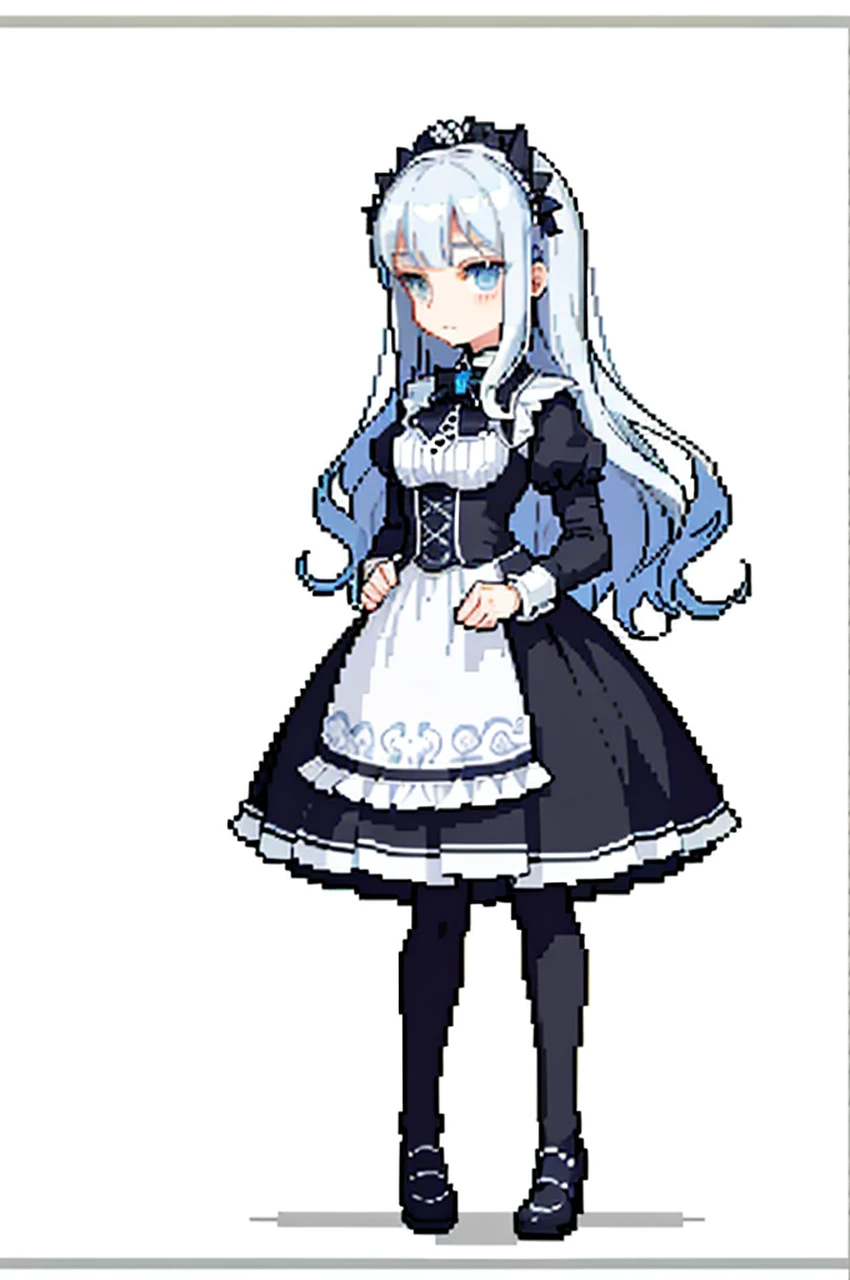 （tmasterpiece，top Quority，best qualtiy），pix，pixelart，1girl，full bodyesbian，Gamine，Lori，Silvery hair，dual horsetail，Poor milk，curlies，Gothic Lolita Clothing，full bodyesbian，white backgrounid