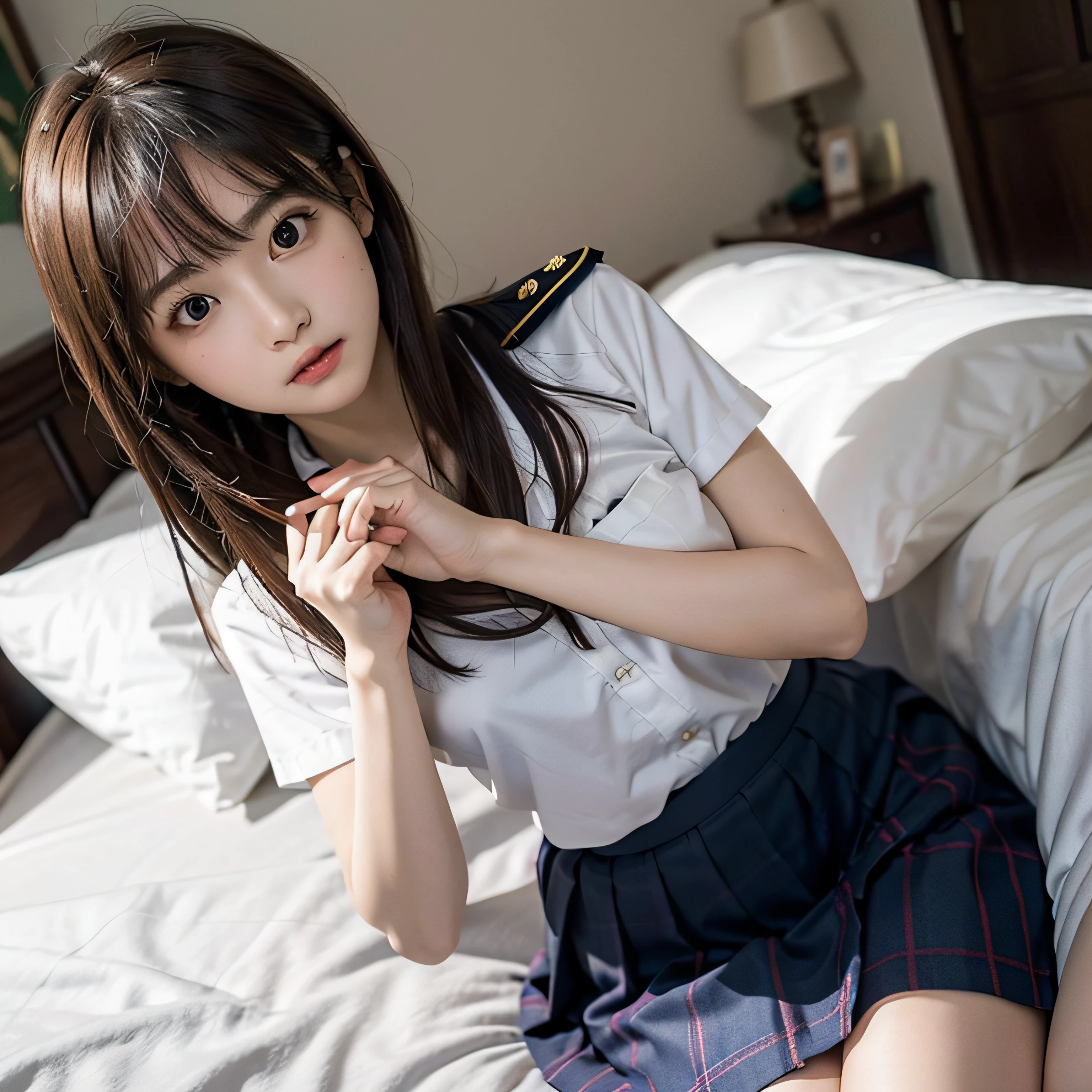 There was a woman sitting cross-legged on the bed, 奈良美智, seifuku, sakimicchan, cgstation trends, Middle Metaverse, beastly, A surreal schoolgirl, Leruwe 5213, sakimi chan