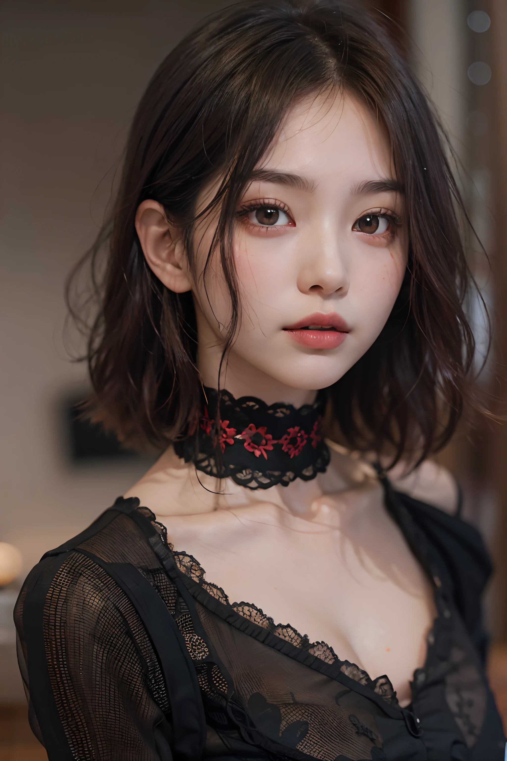 (Photoreal Stick:1.2)、8K UHD、hight resolution、(1girl in)、(High quality shadows)、Detail Beautiful delicate face、Detail Beautiful delicate eyes、in her 20s、(black hair short cut)、Pretty Kpop Girl、(Korean Urzan Face)、(ulzzang -6500-v1.1:0.6)、(looking at view)、gloweyes、perfectbody、(huge tit)、teak、Natural color reproduction、((strong lights))、(a choker)、(Red transparent nose)、((Red Eyes))、((Beautiful Finger))、 Shiny hair、Description beautiful delicate hair、(Lustrous skin)、(Black see-through dress)、(early evening)、(by the window)、(Background blur)、((Knee shot))、