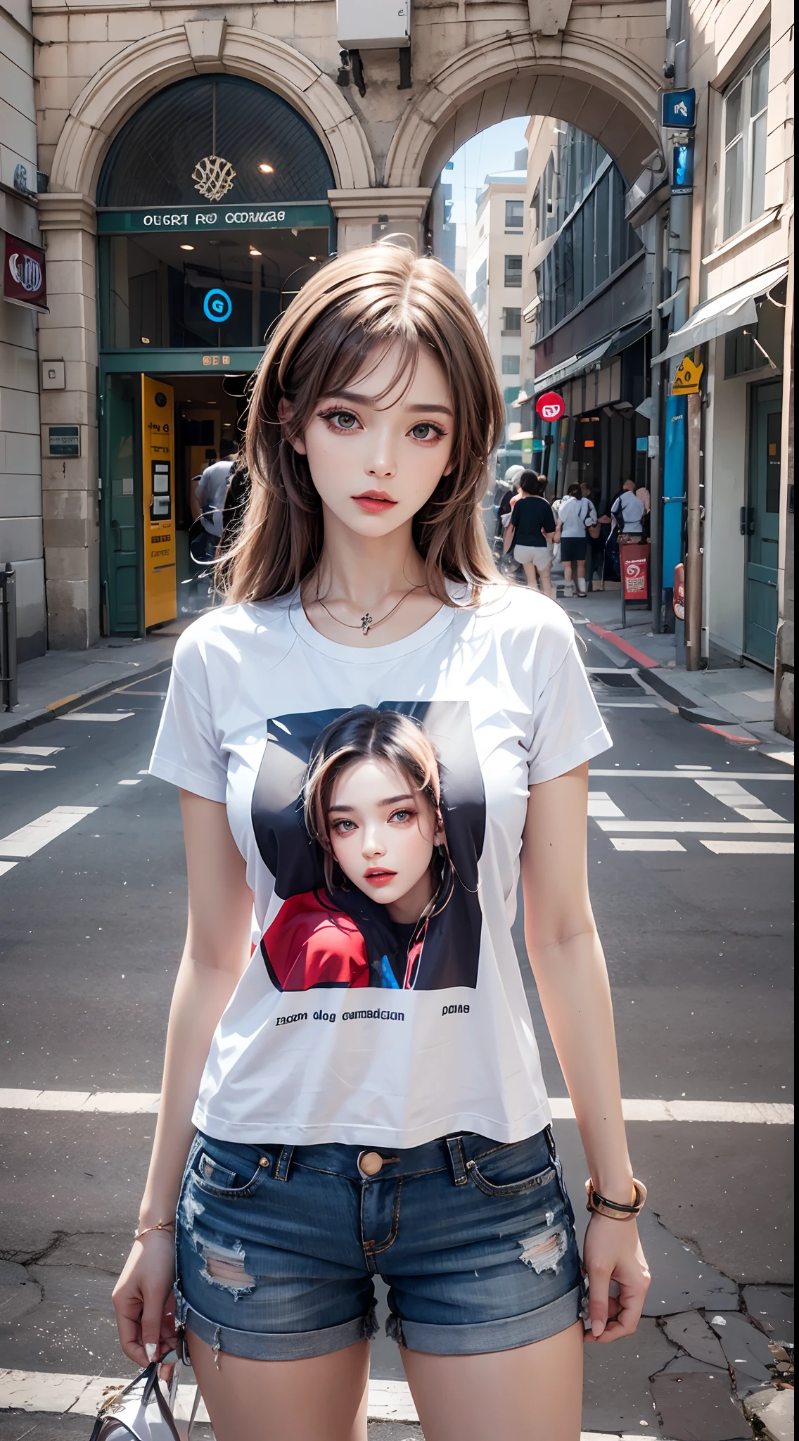 photorealistic, high resolution,masterpiece,best quality,ultra-detailed, 1women, street wear, t-shirt, shorts,