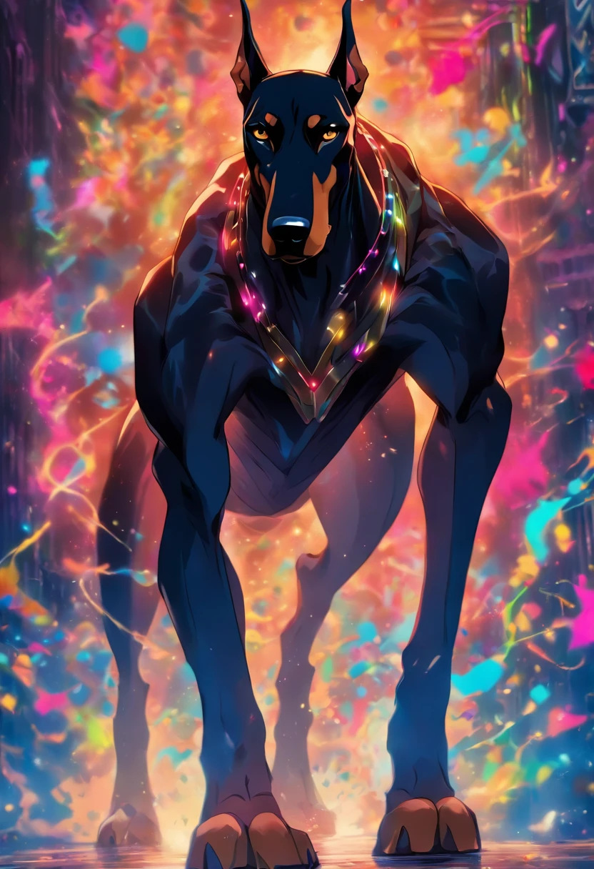 (3. Do art:1.3), nvinkpunk, joint, The terrible technology organic mutation (Doberman), Portrait, back lit lighting, abstracted, Painting, painted by famous artists, Ethereal, Liquid, abstracted, Masterpiece, Highly detailed, Best quality, Highest quality, Realistic lighting, ultra - detailed, hyper photorealism, colours, Colorful, social clothes