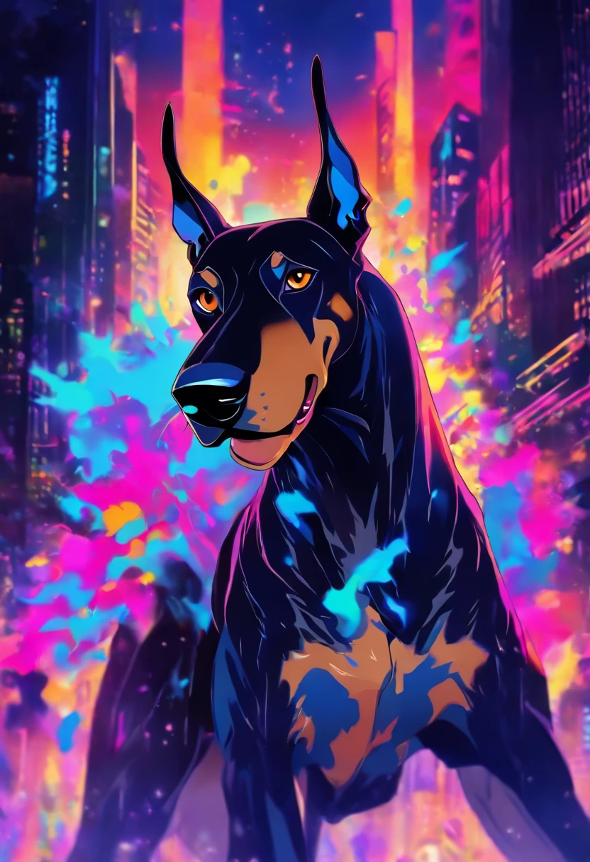(3. Do art:1.3), nvinkpunk, joint, The terrible technology organic mutation (Doberman), Portrait, back lit lighting, abstracted, Painting, painted by famous artists, Ethereal, Liquid, abstracted, Masterpiece, Highly detailed, Best quality, Highest quality, Realistic lighting, ultra - detailed, hyper photorealism, colours, Colorful, social clothes