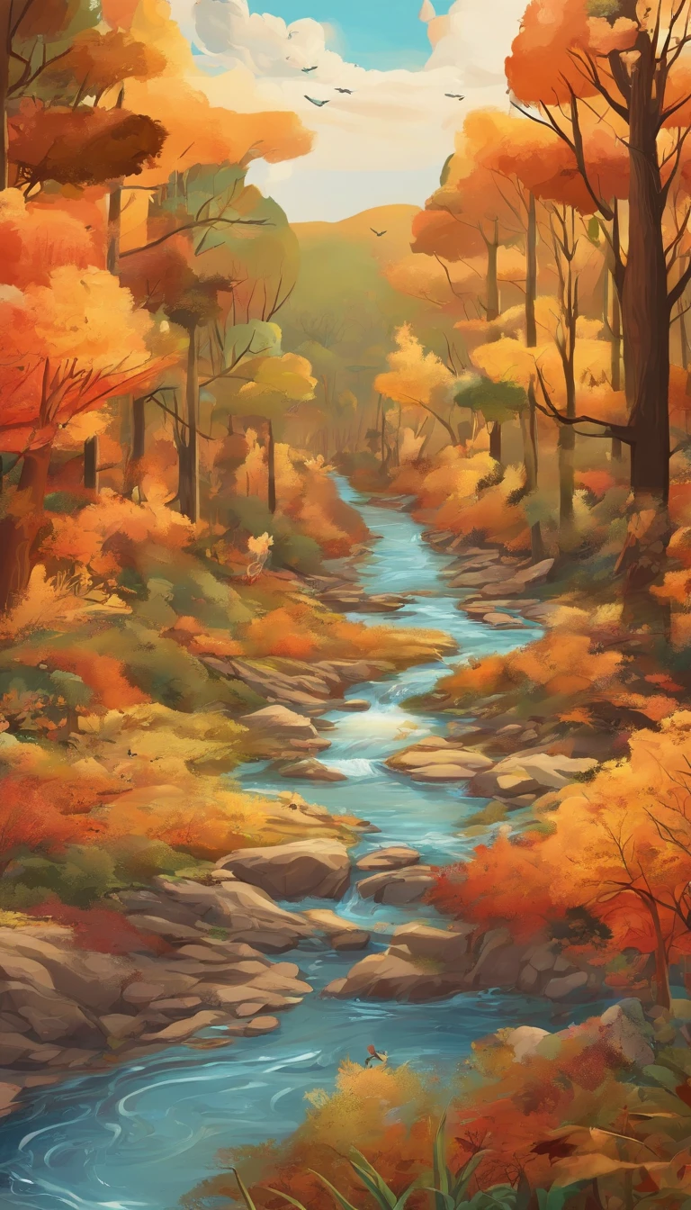A creek through the autumn forest, fantasy, Illustrator style, Aerial view, HD, detail