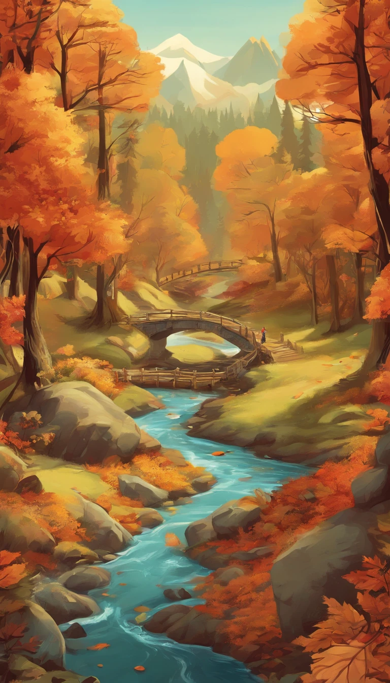 A creek through the autumn forest, fantasy, Illustrator style, Aerial view, HD, detail