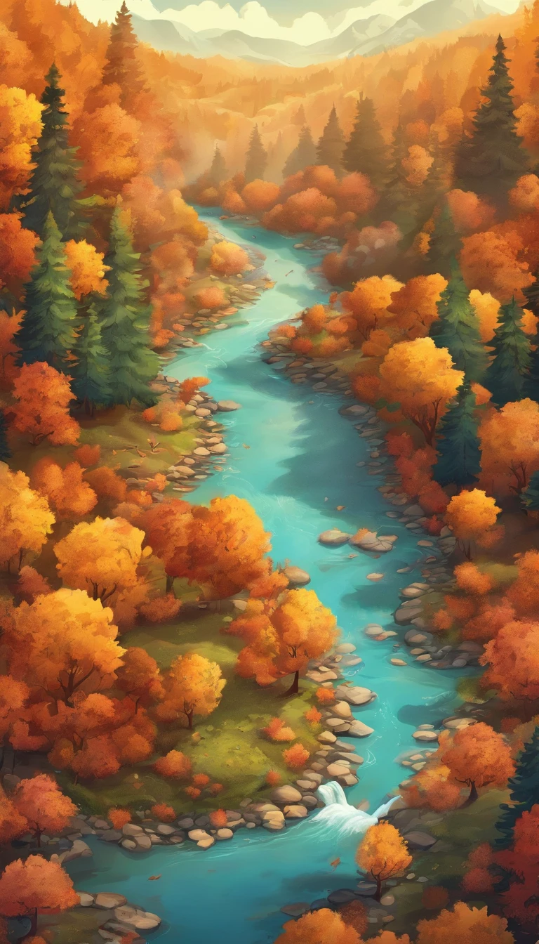 A creek through the autumn forest, fantasy, Illustrator style, Aerial view, HD, detail