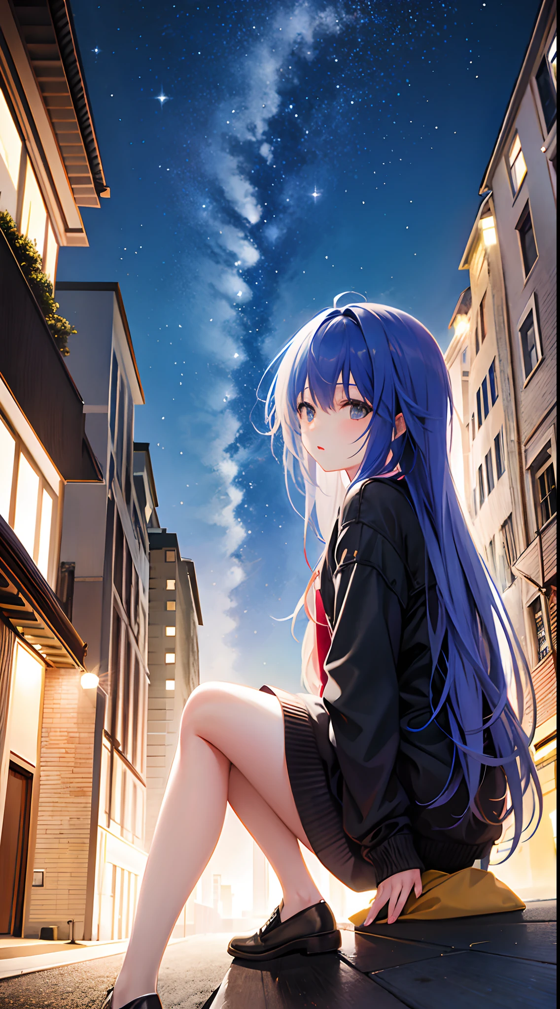 octans, sky, star (sky), scenery, starry sky, night, 1girl, night sky, solo, outdoors, building, cloud, milky way, sitting, tree, long hair, city, silhouette, cityscape