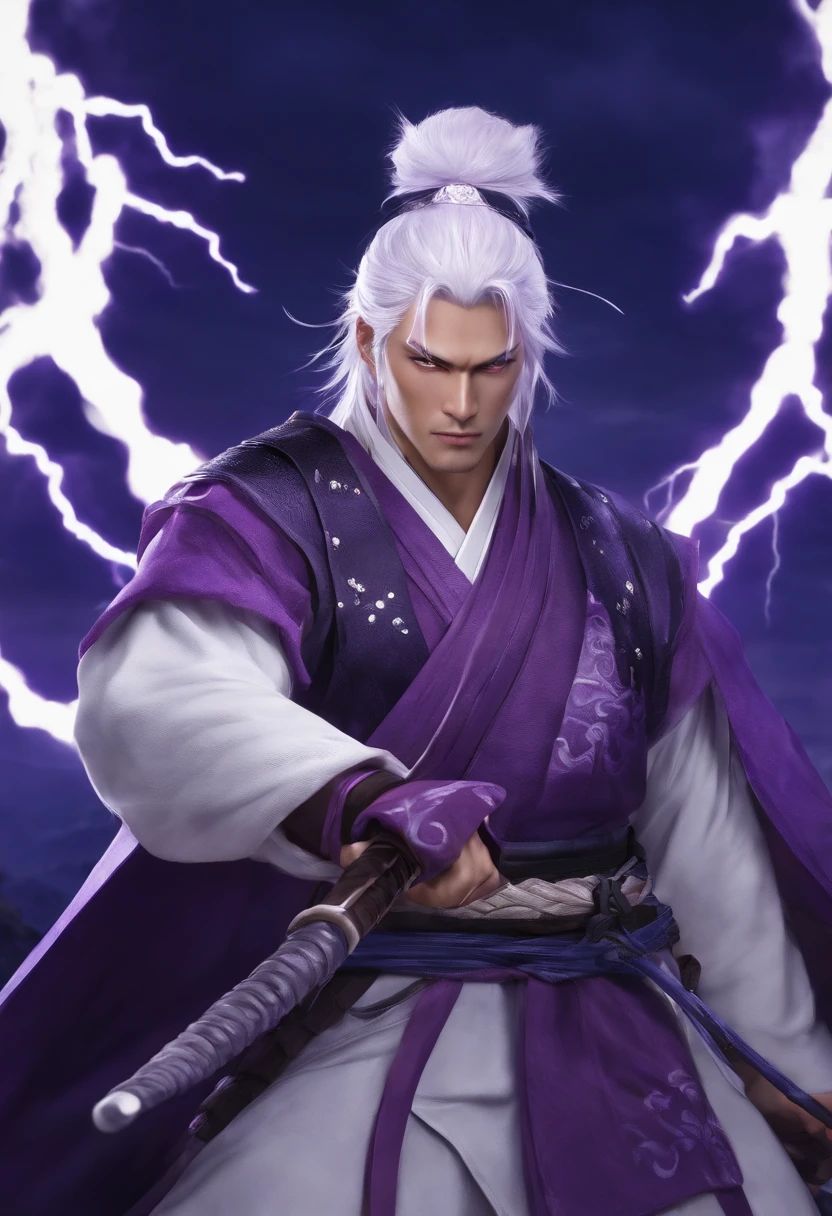 Handsome samurai, purple and white clothes, purple and white Lightning, white hair, purple eyes,
