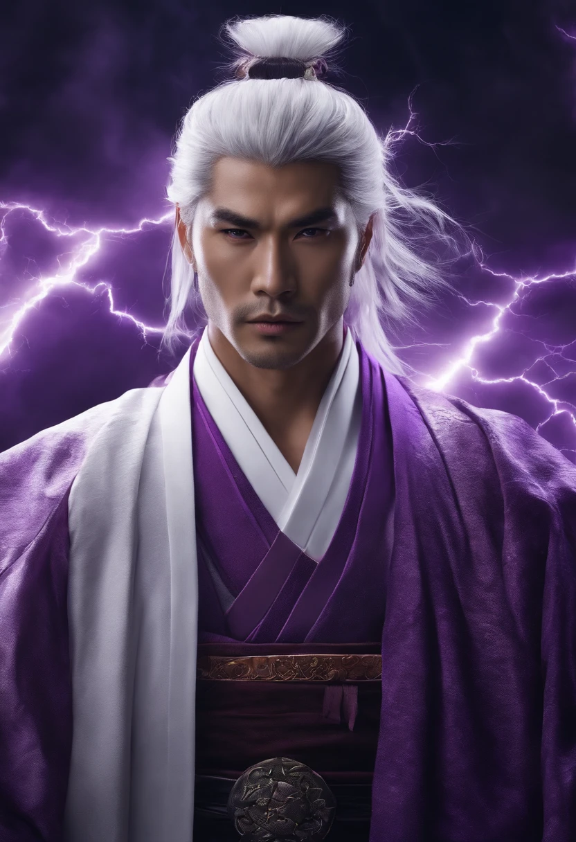 Handsome samurai, purple and white clothes, purple and white Lightning, white hair, purple eyes,