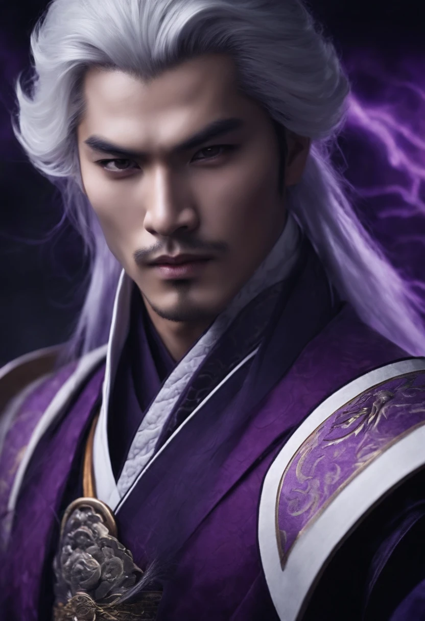 Handsome samurai, purple and white clothes, purple and white Lightning, white hair, purple eyes,