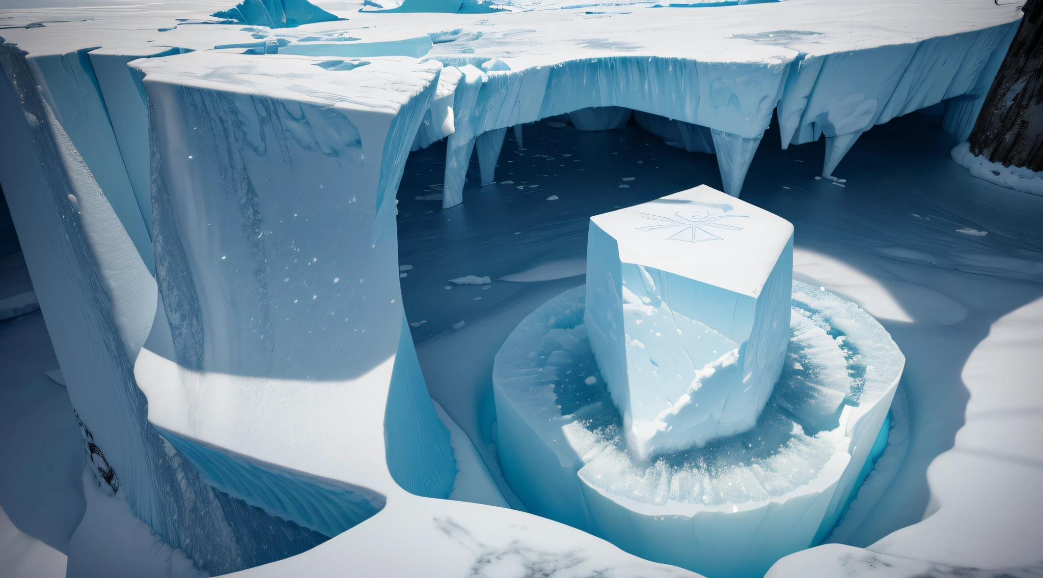Depict the Antarctic ice as a repository of ancient secrets, with symbols or artifacts emerging from the ice, suggesting a hidden history.
