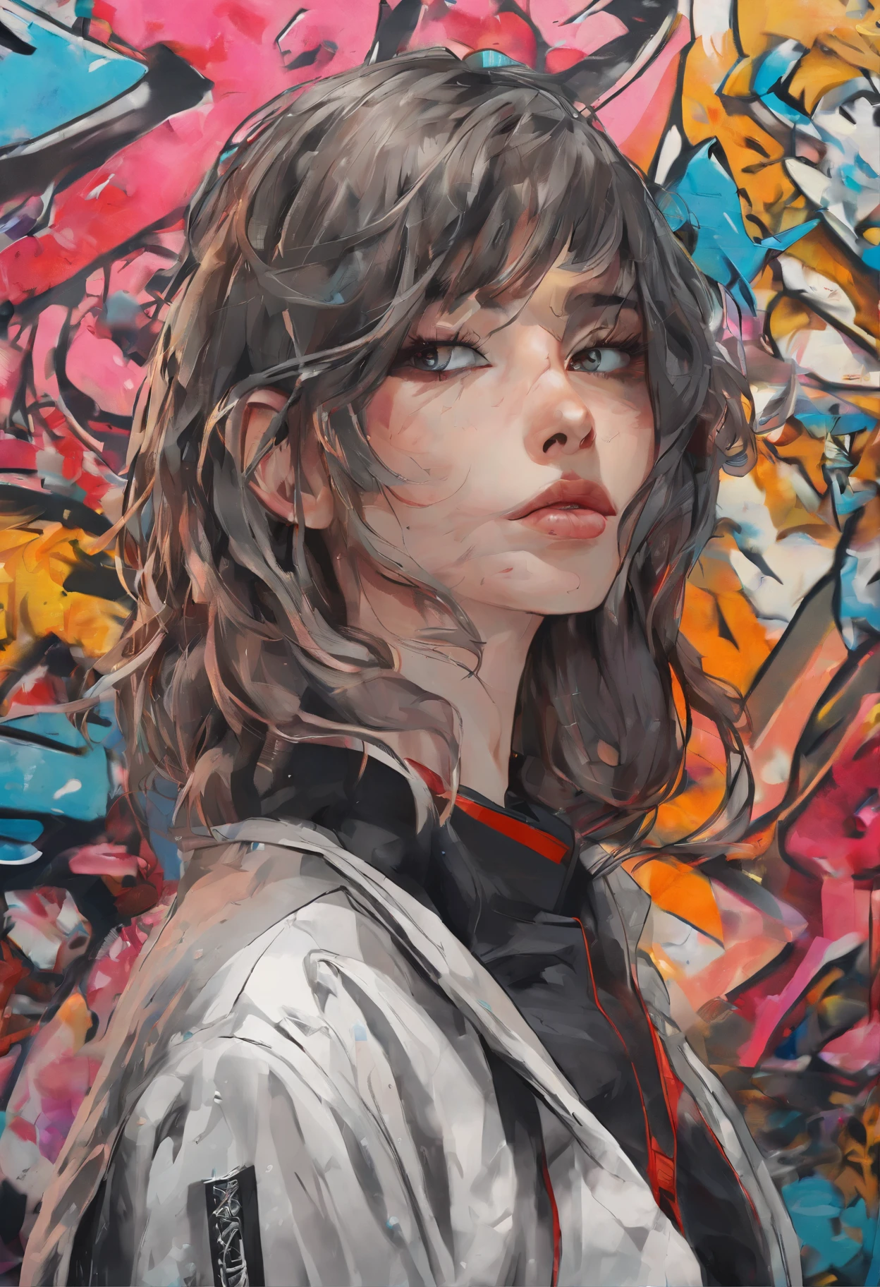 (best quality), masterpiece, extremely detailed CG uniform 8K illustration, high color, extremely high color saturation, all colors deepened, paint, graffiti art, center composition, extremely detailed light and shadow, graffiti wall, wall painted bright, 1 boy graffiti 1 girl looking at the wall, extremely detailed face and eyes, medium length hair, sportswear, colored clouds