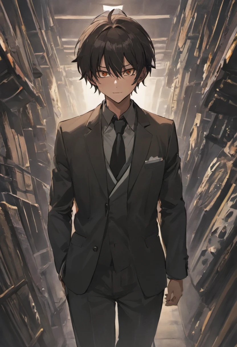Elegant man, Over 50s, cooked, Dark black hair, short-length straighthair, Hair up to neck height, orange eyes, black eye mask, Gray social shirt, Underneath a dark shirt, Tie purple scarf, Gray social pants, Black social shoes, Ivory sugar cane, Smile cautiously, muscle men,  View of the interior of the ship, beautiful man.The back is filled with huge black humanoid shadows