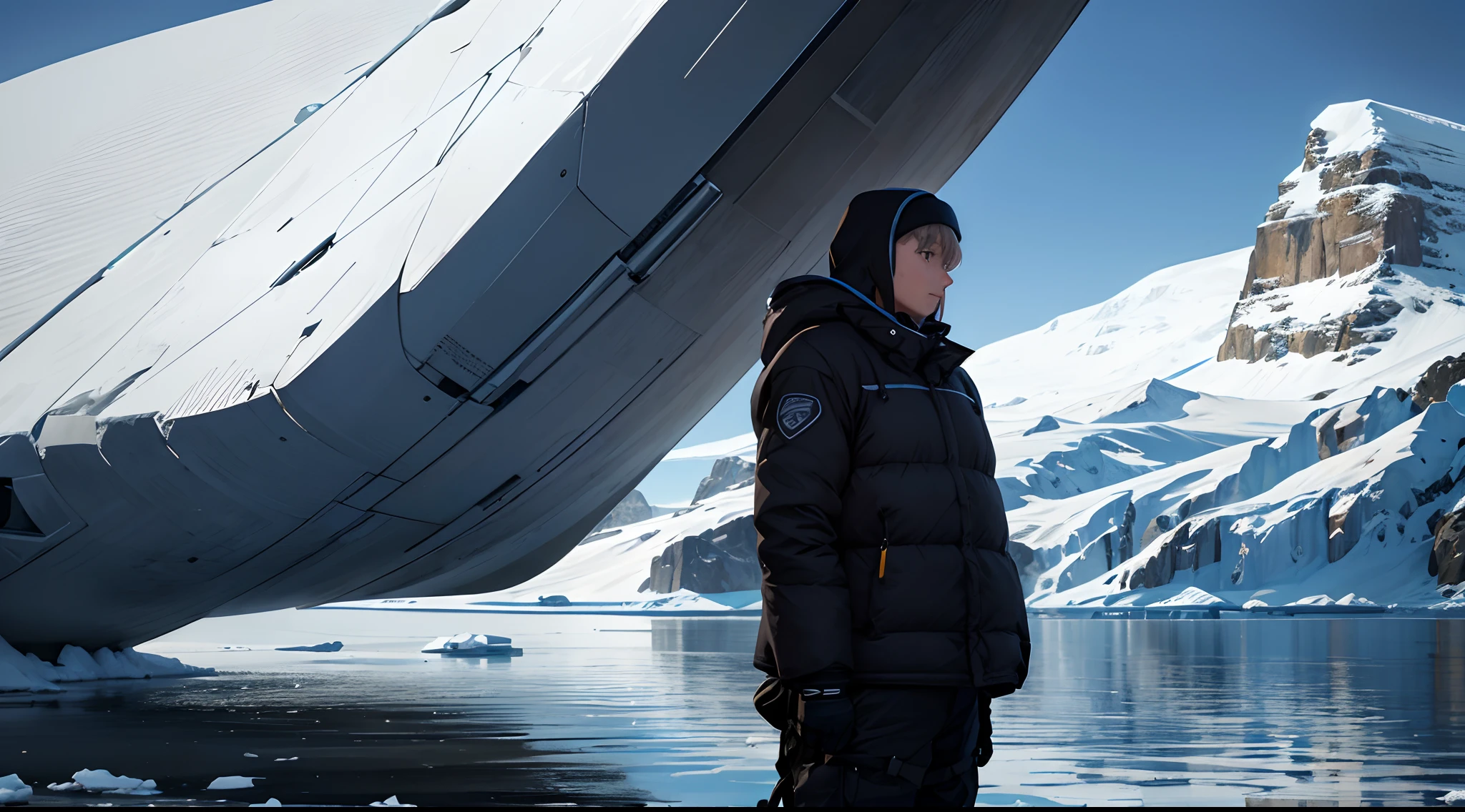 Show a crew member in a reflective pose, contemplating whether to reveal or keep the secrets of their Antarctic expedition