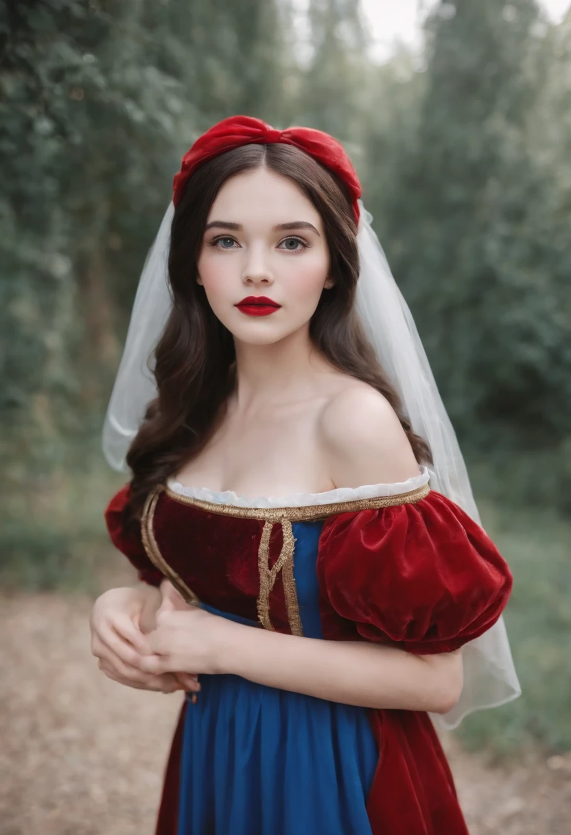 (1kid), (Snow White cos:1.3), , upper body, Little blue and red dress, Ultra photo realsisim, Realistic, best quality real texture skin,cute true circle Symmetrical eyes, cute face, medieval world, epic realistic, Cinematic