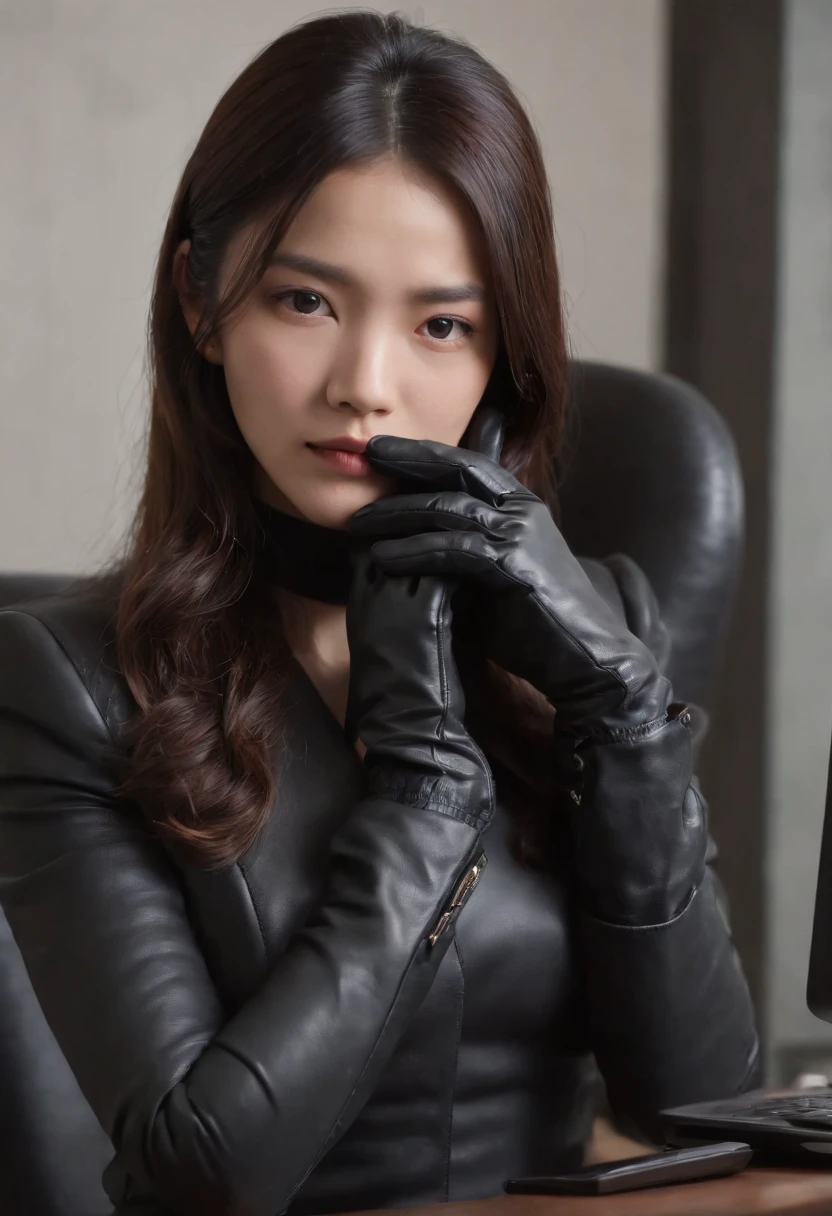 The upper body is covered with black leather gloves up to the fingertips in both hands. Black recruitment suit. Sitting on a leather chair on a desk in my room with a computer in the dark, talking to the other side of the screen. Long, black hair bundled in the back. Look at this, messing with the hair with the fingertips of black leather gloves, a very cute Japanese female