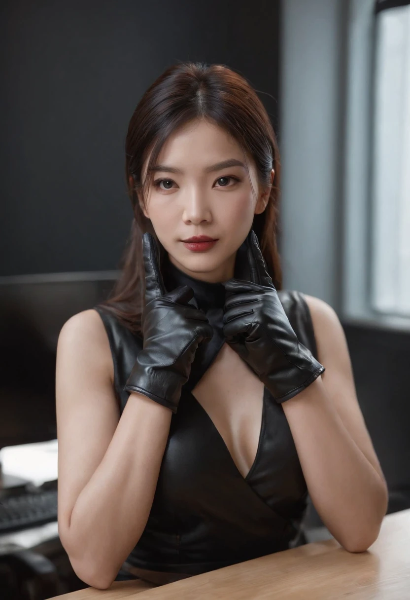 The upper body is covered with black leather gloves up to the fingertips in both hands. Black recruitment suit. Sitting on a leather chair on a desk in my room with a computer in the dark, talking to the other side of the screen. Long, black hair bundled in the back. Look at this, messing with the hair with the fingertips of black leather gloves, a very cute Japanese female