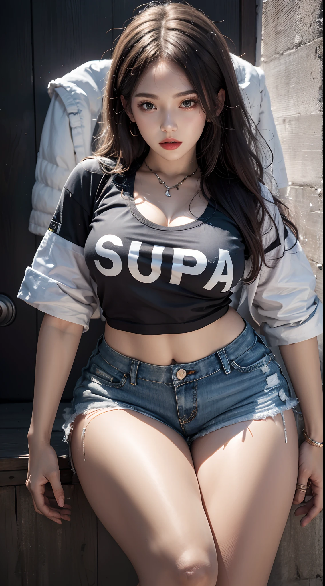photorealistic, high resolution,masterpiece,best quality,ultra-detailed, 1women, hips up, street wear, t-shirt, shorts,