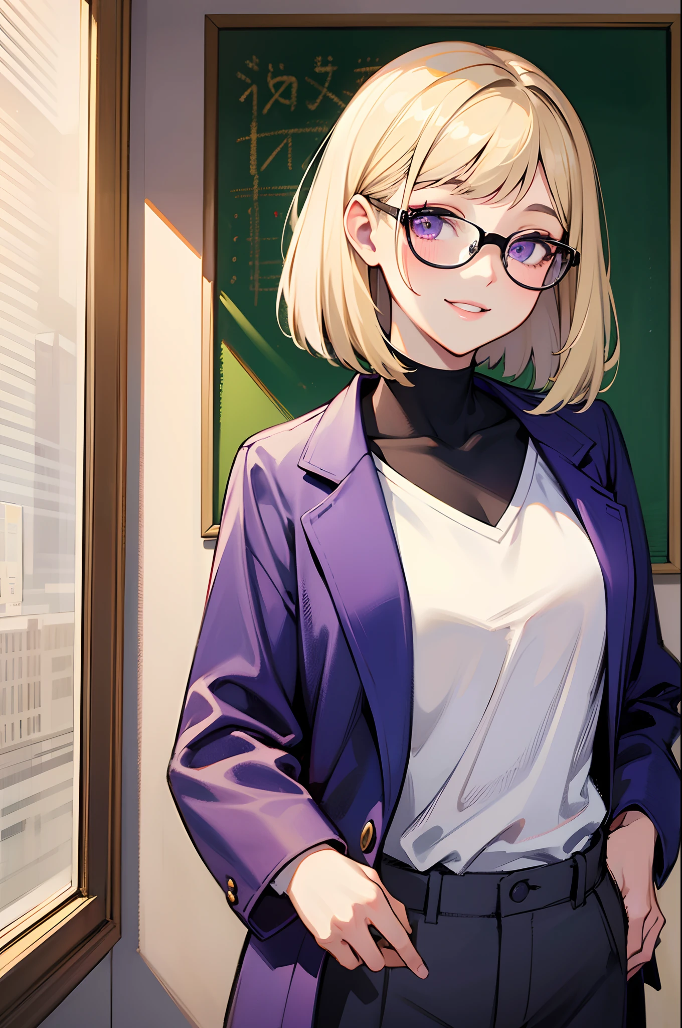 (best quality,4k,8k,highres,masterpiece:1.2),ultra-detailed,blonde hair,purple eyes,medium:oil painting,long straight hair,soft bob cut,beautiful detailed lips,beautiful detailed eyes,purple-framed glasses:1.5,smiling,standing in front of a classroom blackboard,18-year-old woman,wearing a navy blue jacket,white Y-shirt,gray slacks