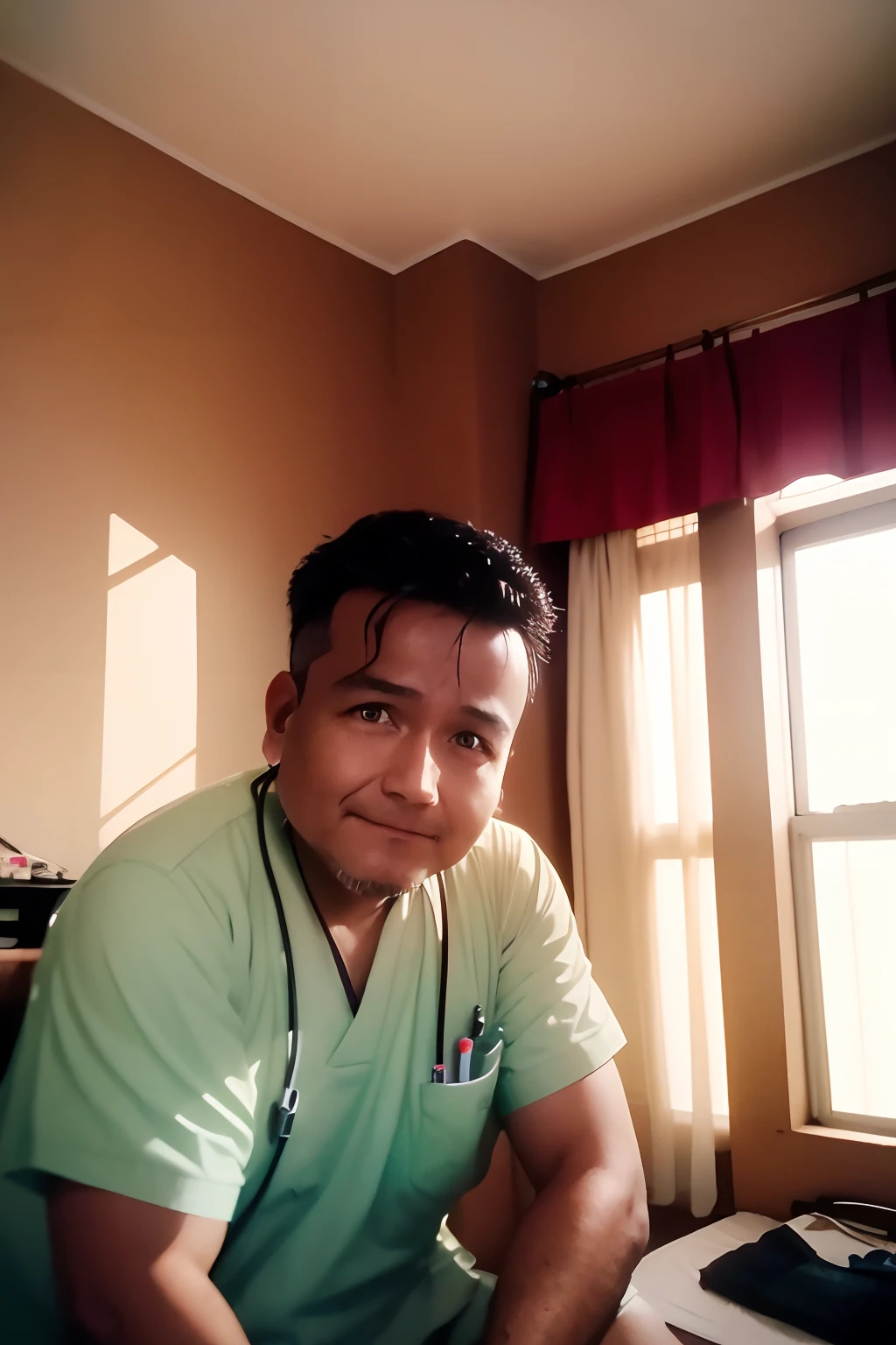 Hospital, tranquilidad, un hombre tumbado en la cama, amanecer, The sun shining through the window, esperanza, enfermo pero esperanzado, trying to smile as best you can. 35mm